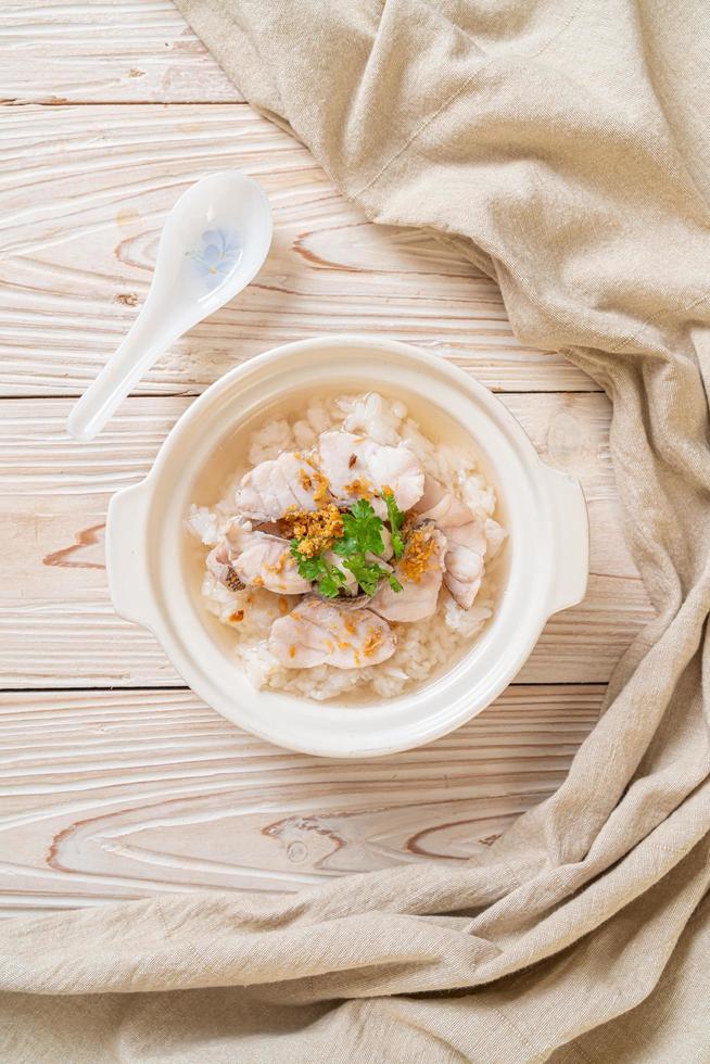 Porridge oder gekochte Reissuppe mit Fischschale foto
