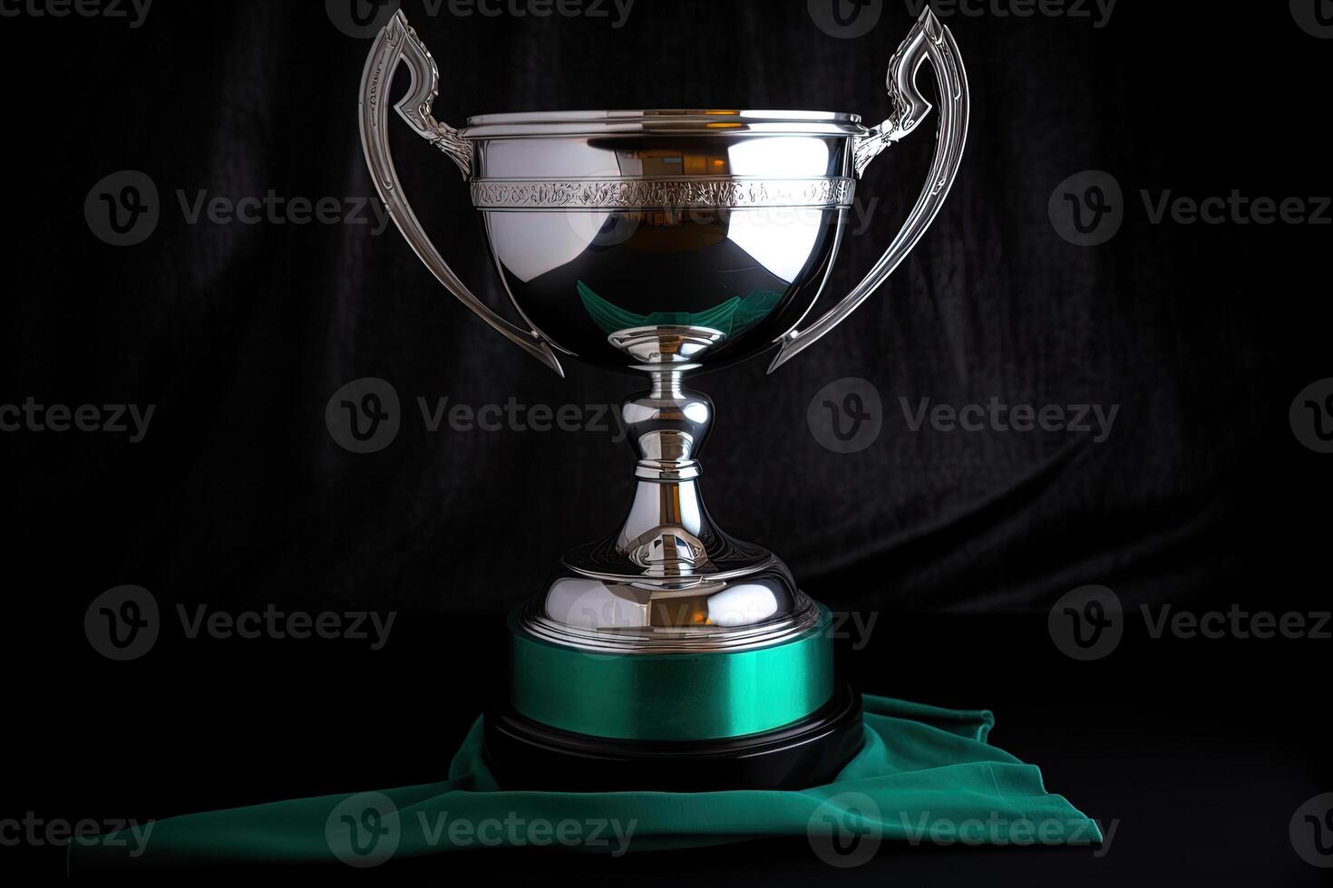 Silber glühend Trophäe Tasse auf dunkel Hintergrund. Konzept von Erfolg und Leistung foto