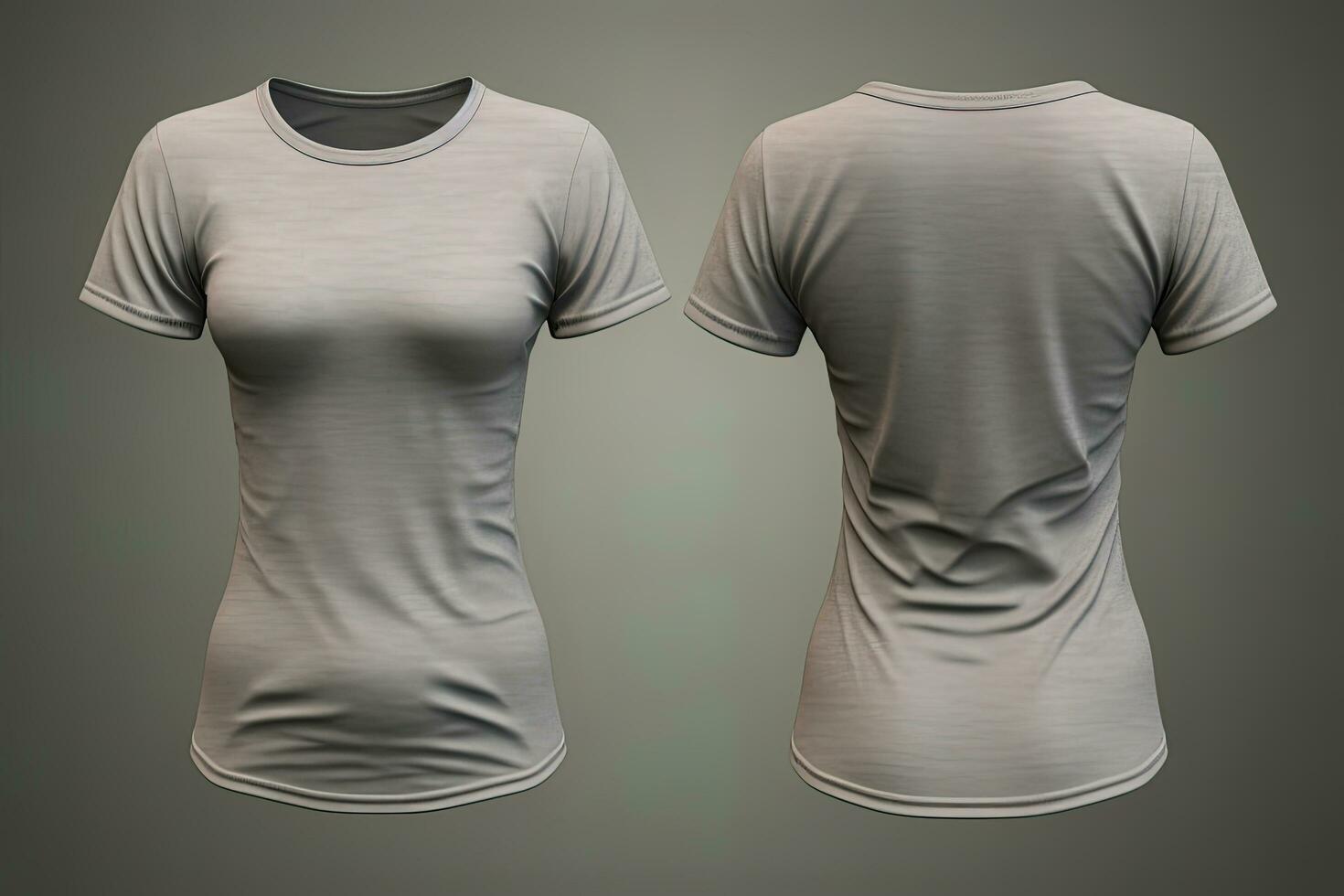 grau weiblich T-Shirt realistisch Attrappe, Lehrmodell, Simulation einstellen von Vorderseite und zurück Sicht, leer Textil- drucken Design Vorlage zum Mode Kleidung. ai generiert foto