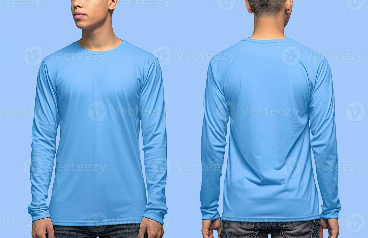Mann tragen ein Blau T-Shirt mit lange Ärmel. Vorderseite und zurück Sicht. ai generiert foto