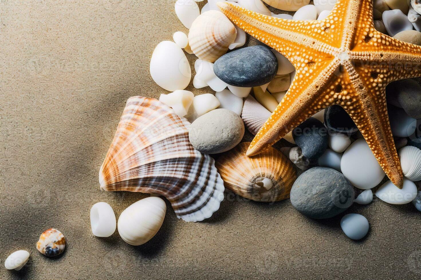 Meer Muscheln auf das Sand Seestern Meer Steine und Muscheln Hintergrund ai generiert foto