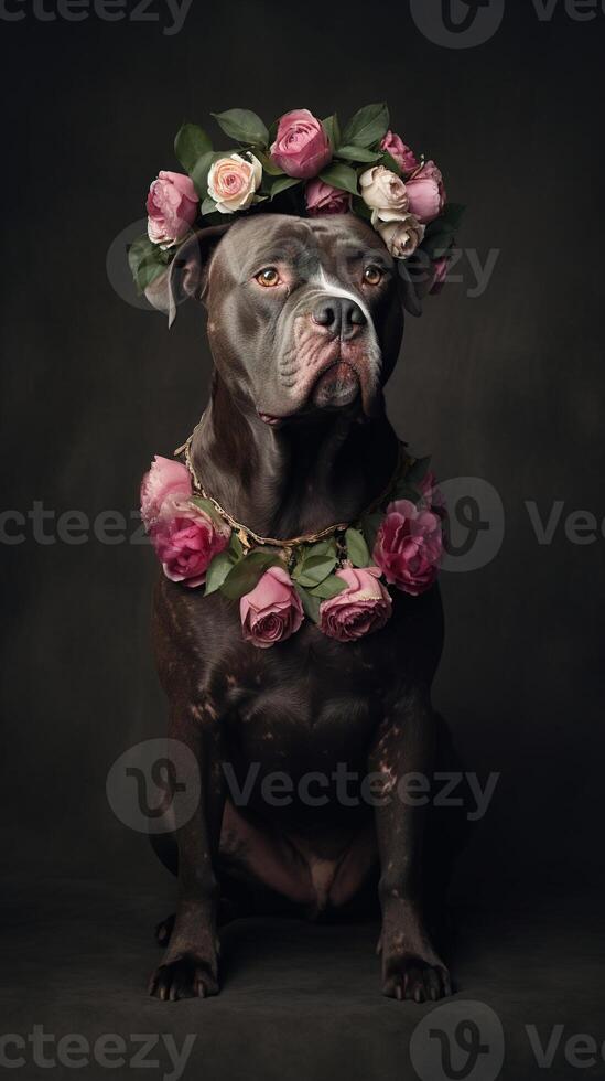 Hund mit Blumen Porträt von Stier arabisch Hund mit Blume Krone. ai generativ foto