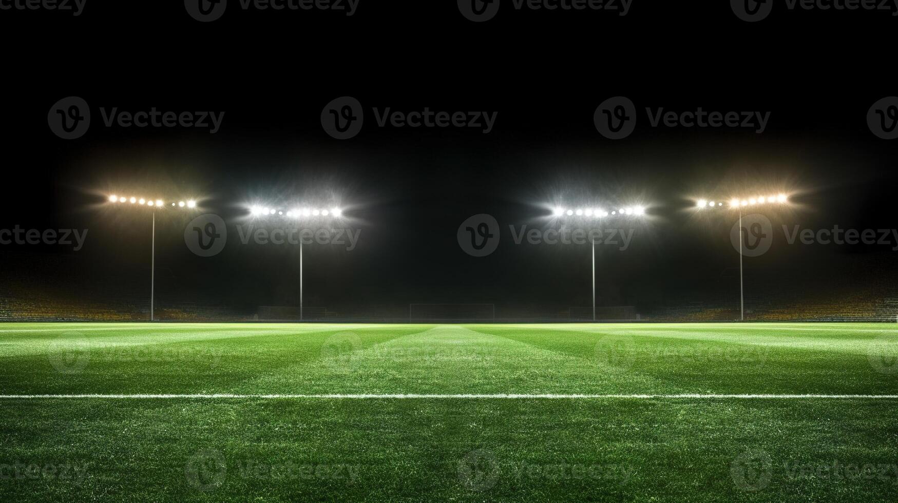 Stadion Beleuchtung im das Nacht. Grün Fußball Feld hell Scheinwerfer immer noch Leben. ai generiert foto