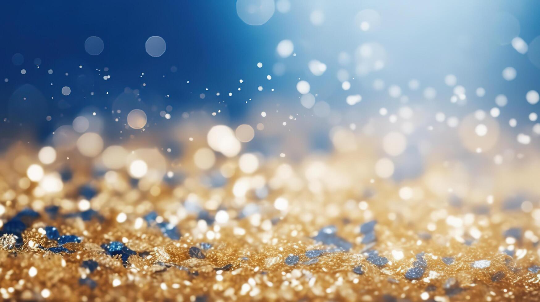 Hintergrund mit Bokeh. abstrakt defokussiert Gold und Blau funkeln Hintergrund. ai generiert foto