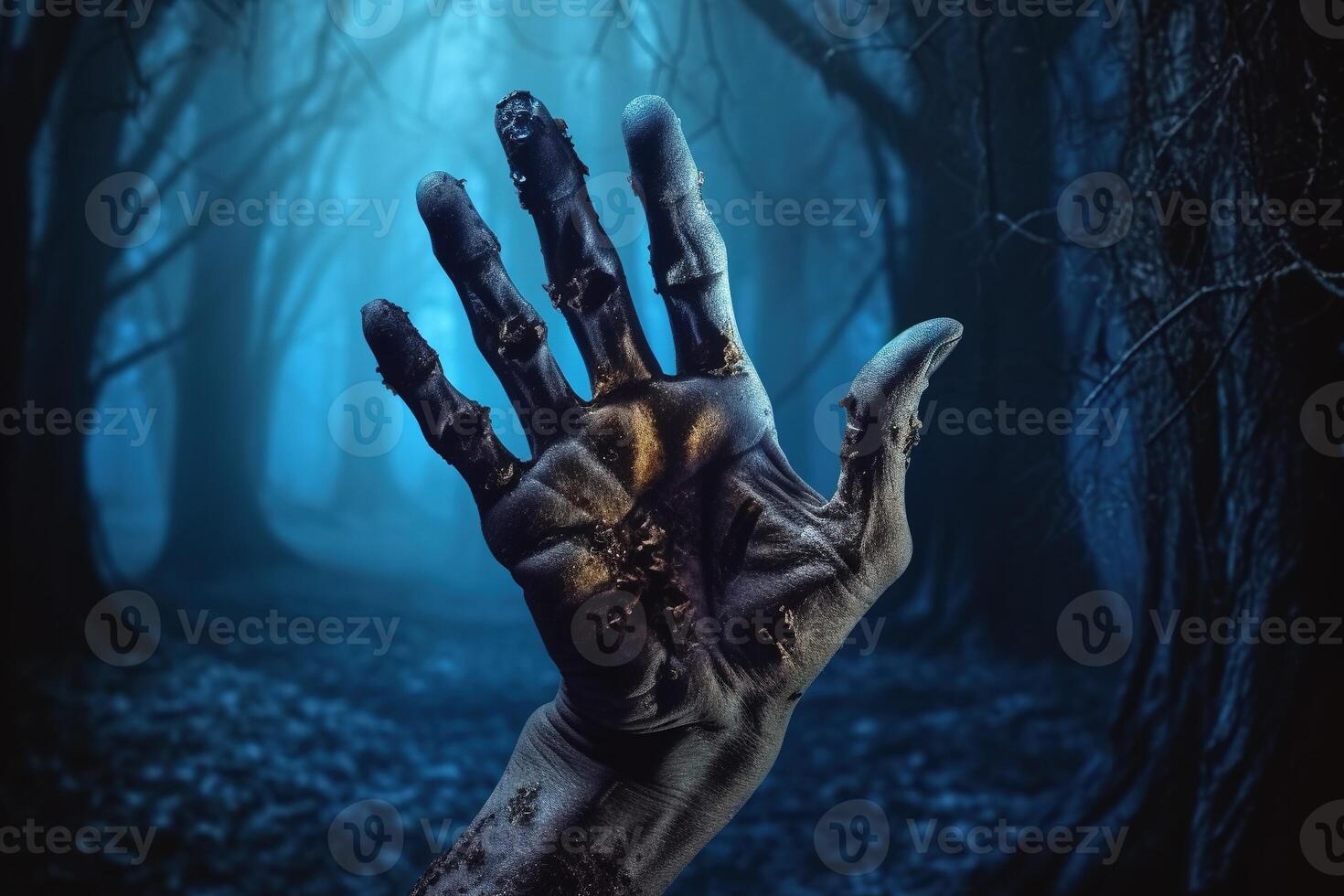 Zombie Hand. Halloween Hintergrund mit Zombie Hand. ai generiert foto