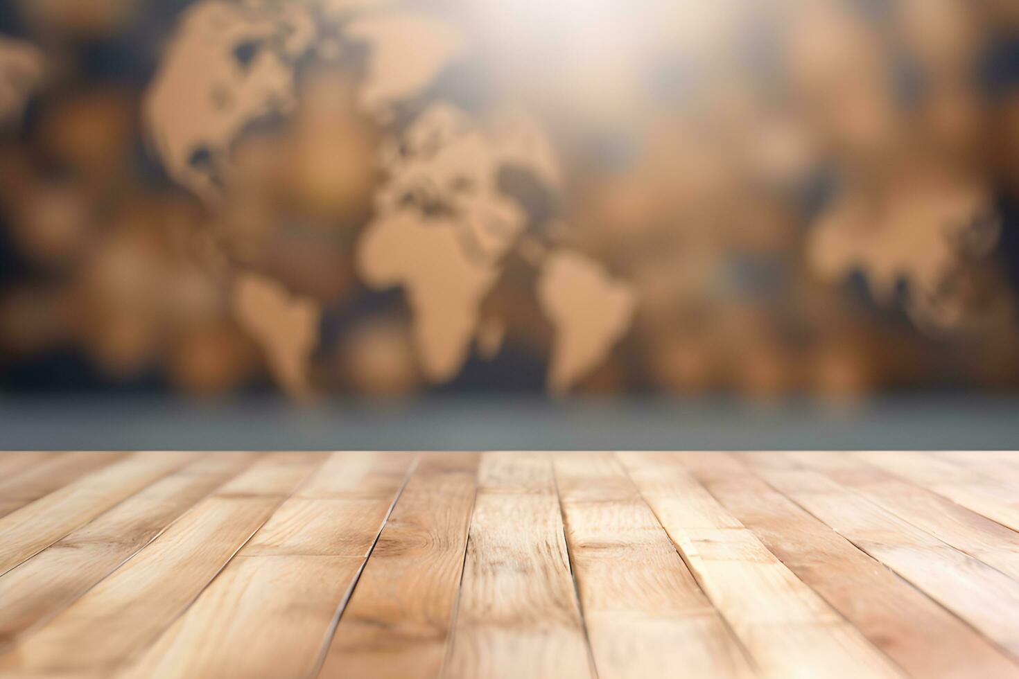 Holz Tabelle mit Welt Karte auf verwischen Hintergrund. generativ ai foto