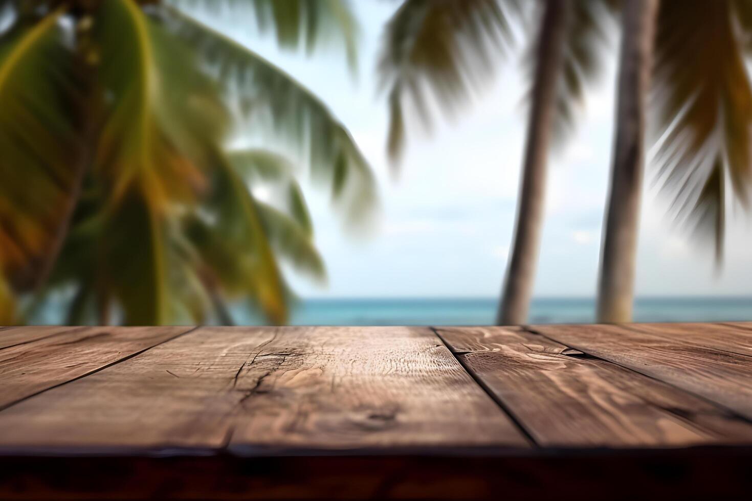 Holz Tabelle mit Ozean Hintergrund. Sommer- Hintergrund. generativ ai foto