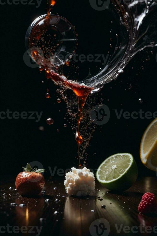 Foto Mixer mit Früchte fliegend isoliert auf schwarz Hintergrund Früchte Saft und Spritzen