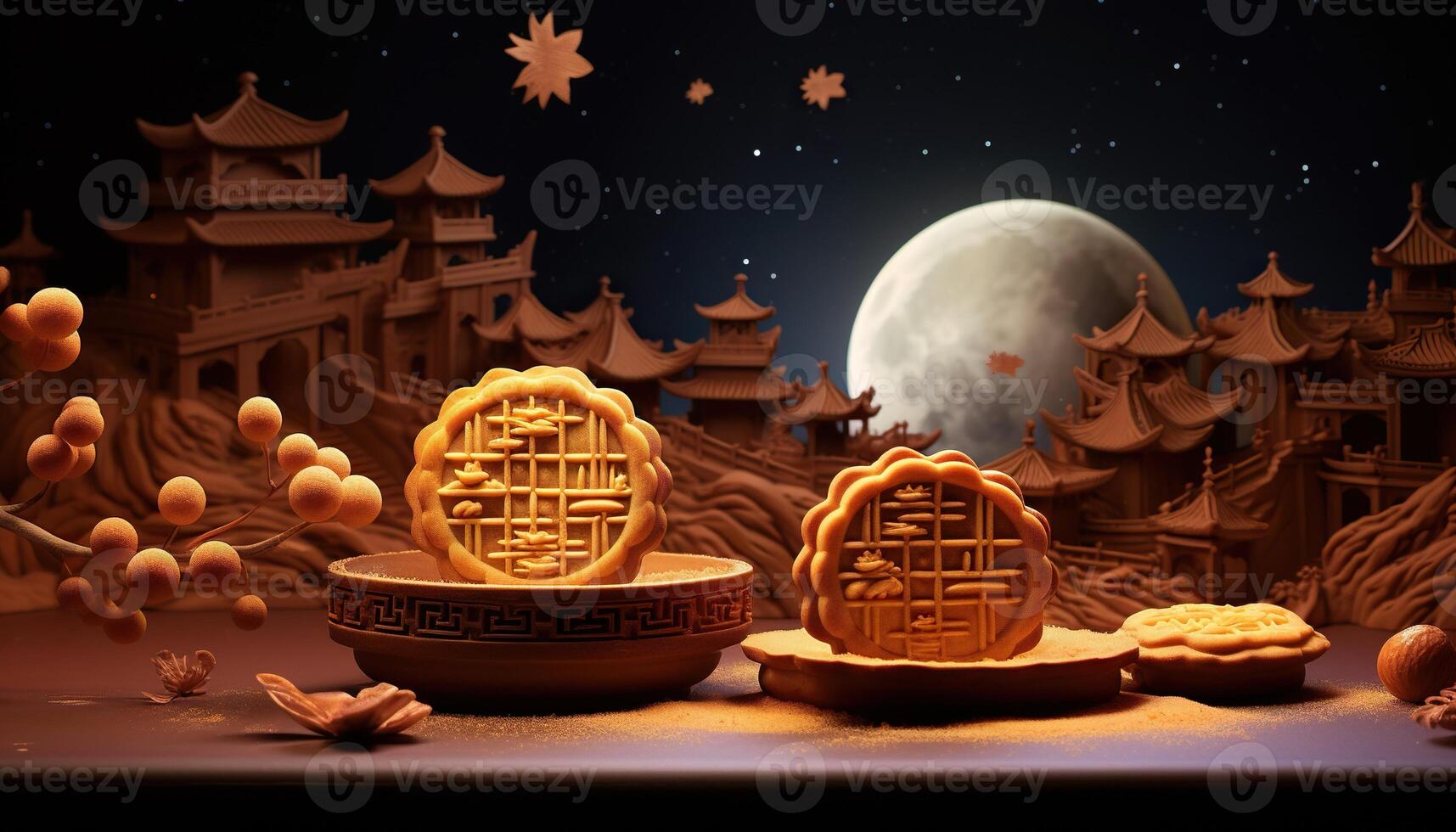 generativ ai Illustration von Chinesisch Mitte Herbst Festival Mond Kuchen vereinbart worden auf ein traditionell Chinesisch Porzellan Platte, einstellen auf ein rustikal hölzern Tabelle foto