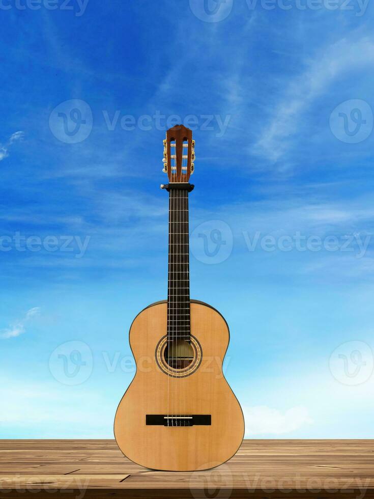 akustisch Gitarre auf ein hölzern Tabelle hell Himmel Hintergrund foto