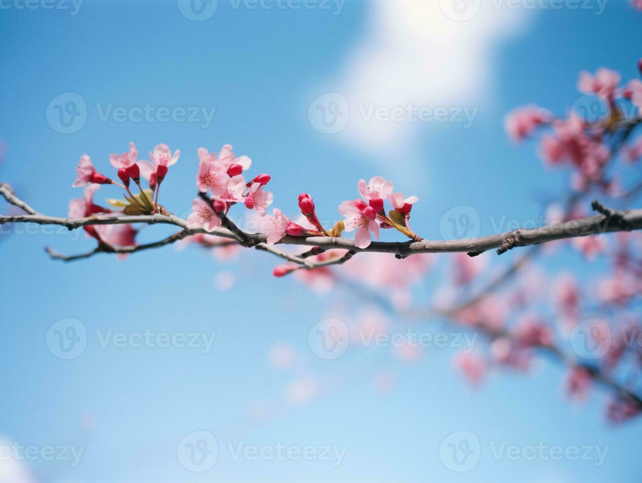 Rosa Kirsche blühen Ast gegen Blau Himmel - - nostalgisch, romantisch, Seite Winkel, Frühling, empfindlich, Blumen, Licht, Wärme - - ai generiert foto
