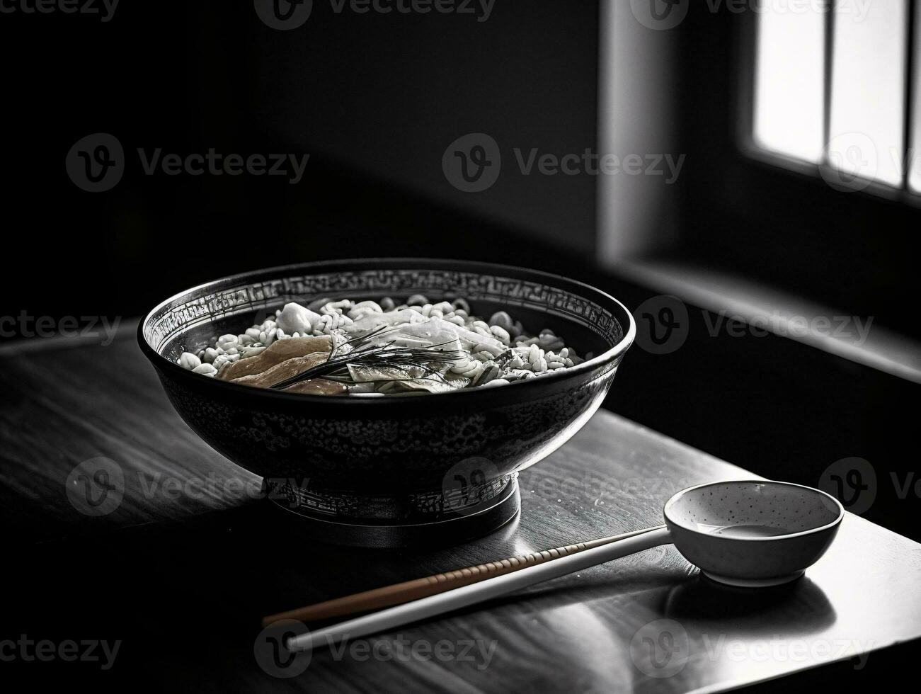 einsam Ramen Schüssel mit Essstäbchen - - schwarz und Weiß Fotografie - - ai generiert foto