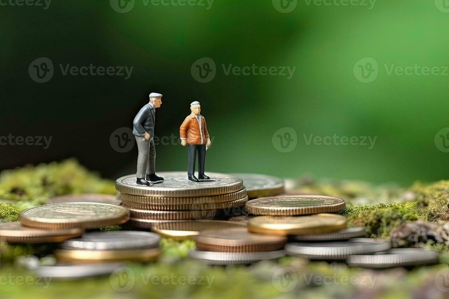 generativ ai Illustration von Miniatur zahlen Menschen Stand auf Münzen. Alten Menschen und ihr Ersparnisse, die Pension foto