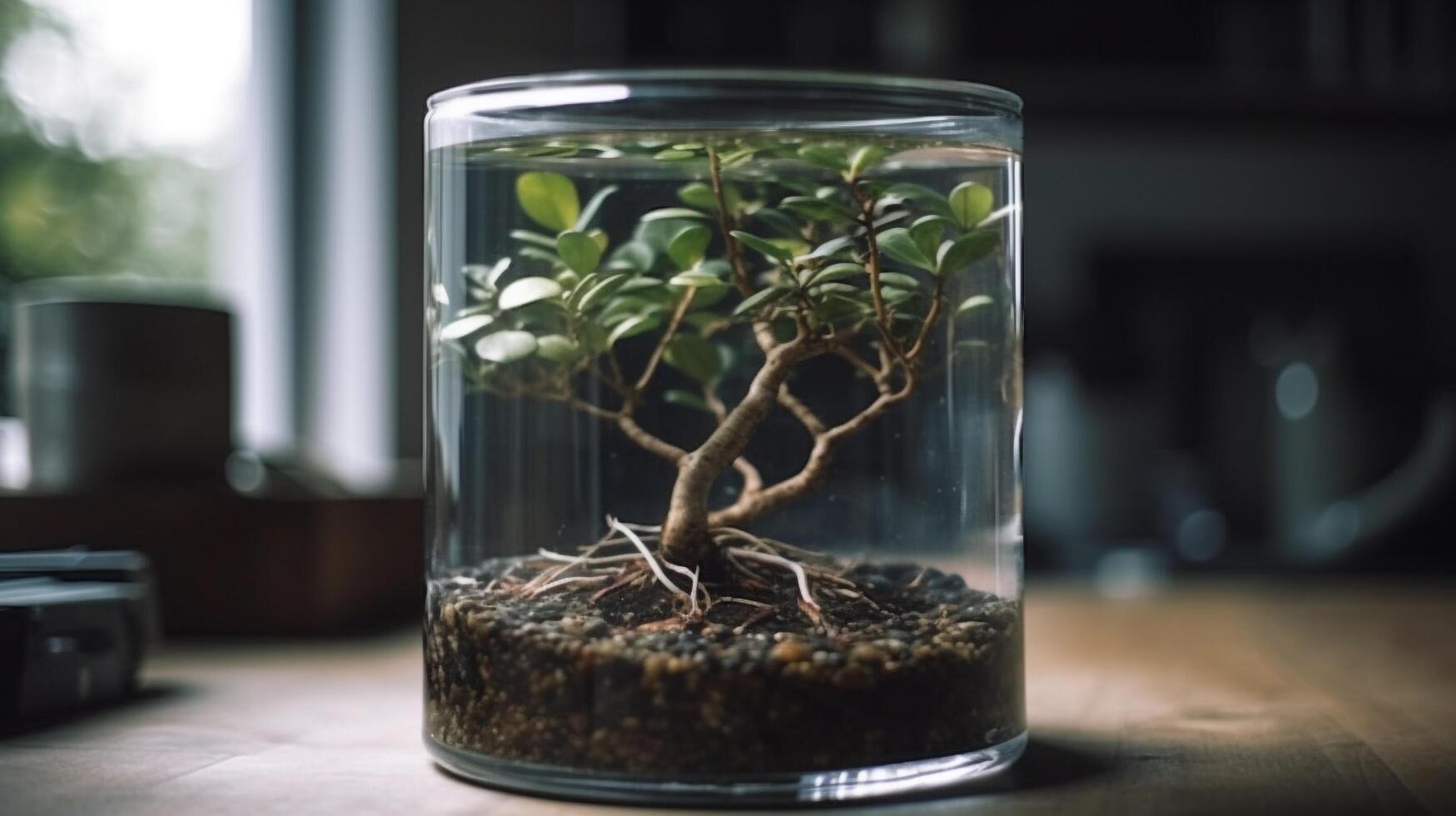 Luft Reinigung Pflanzen im Glas Gläser schmücken es auf das Tabelle im das Leben Zimmer. Dort ist natürlich Licht Kommen von das Fenster. generativ ai foto