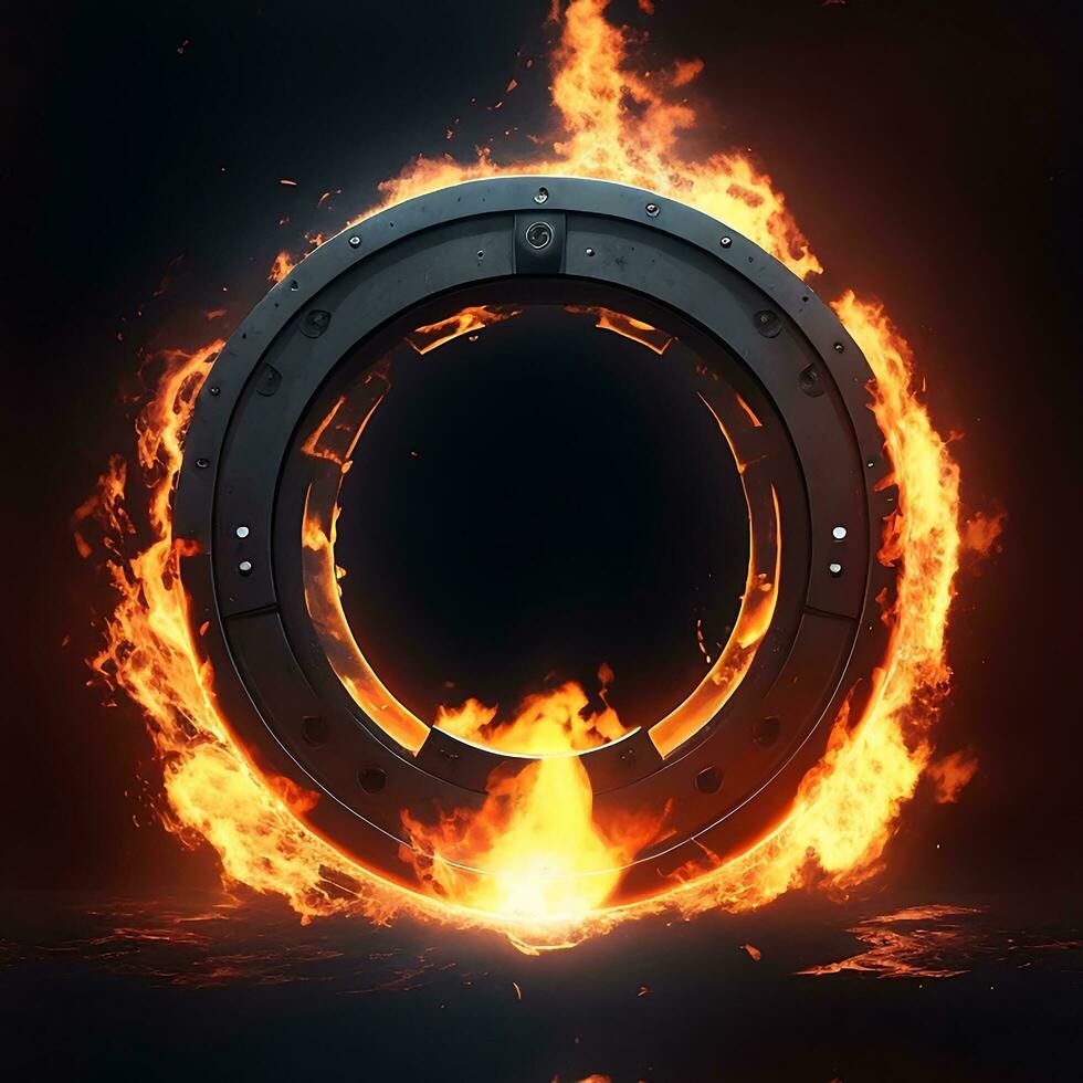 dunkel abstrakt futuristisch mit ein Kreis Tor Feuer ai generiert foto