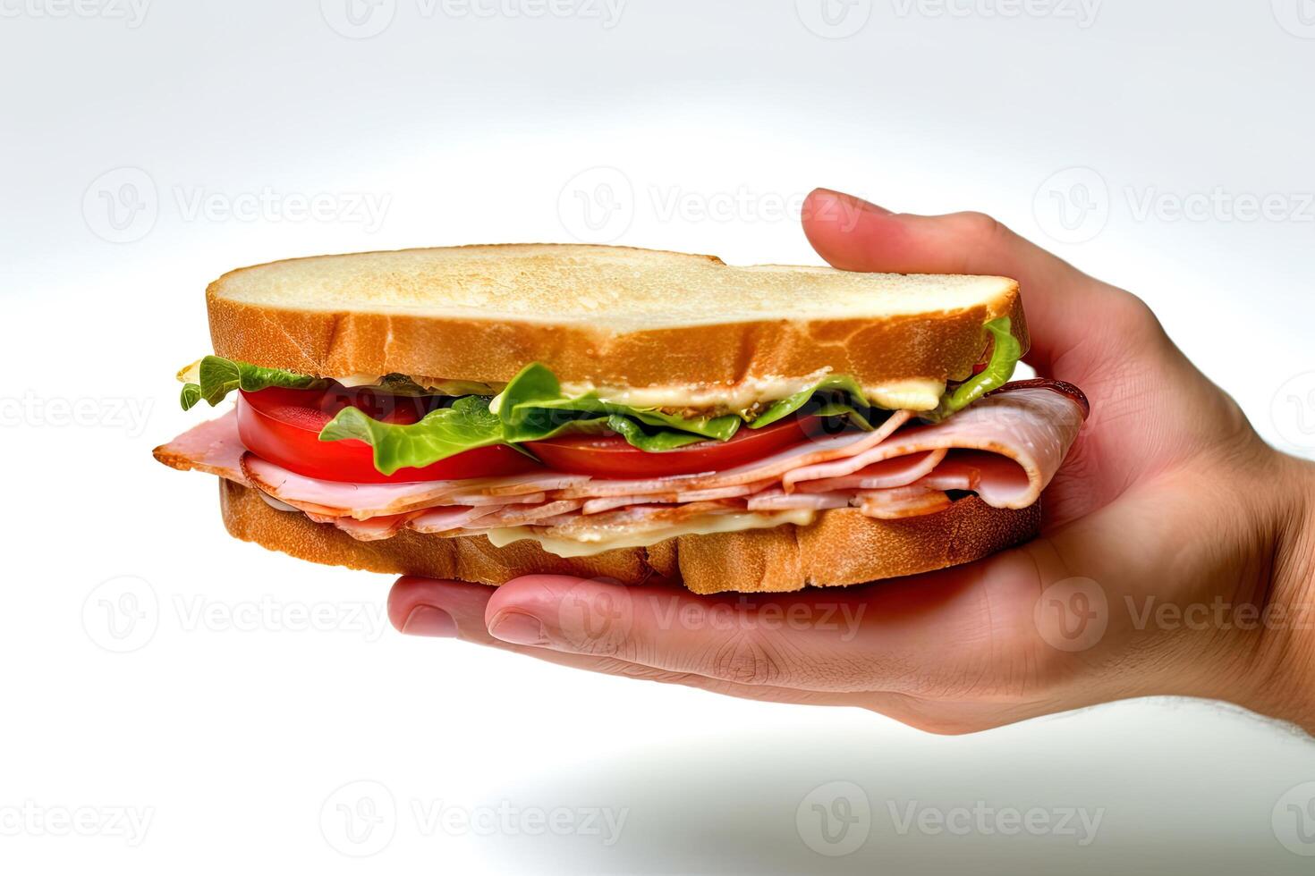 Hand halten lecker Sandwich auf ein Weiß Hintergrund. ai generiert foto