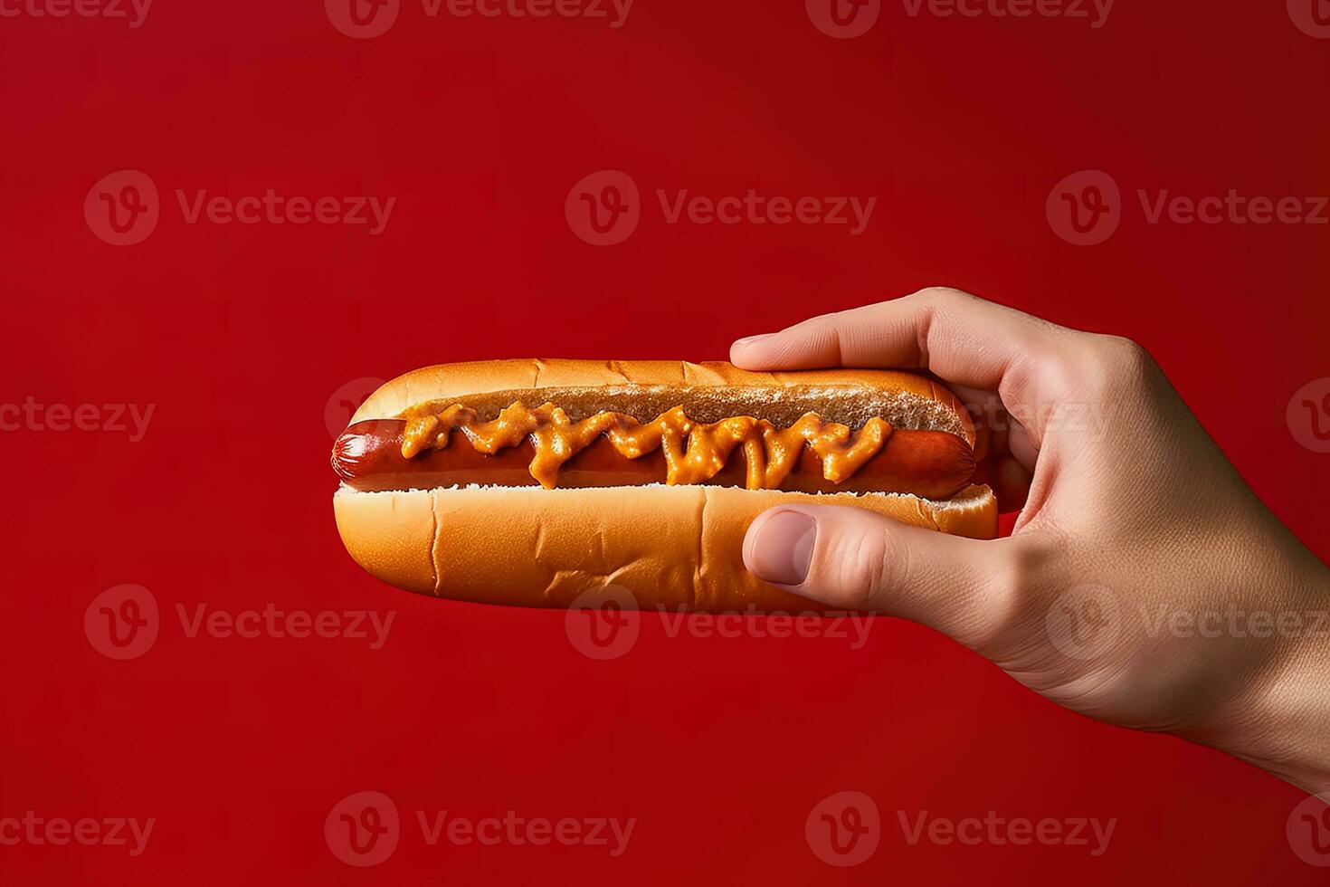 Hand halten lecker heiß Hund auf ein rot Hintergrund. ai generiert foto