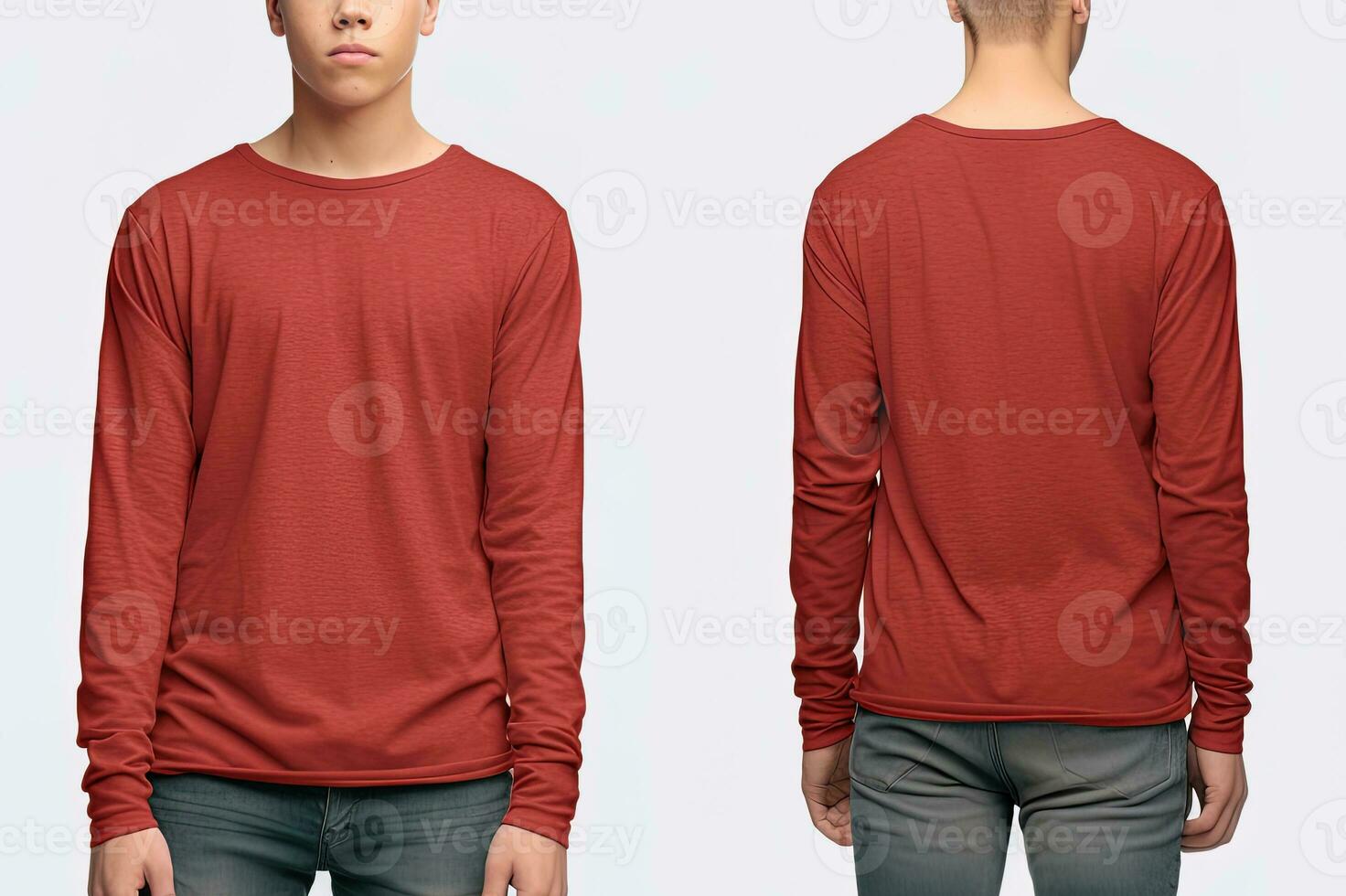 Mann tragen ein rot T-Shirt mit lange Ärmel. Vorderseite und zurück Sicht. ai generiert foto