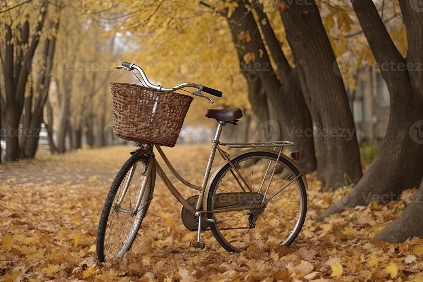 ein Fahrrad ist unter das Bäume während Herbst Jahreszeit, schön Landschaft Bild mit Fahrrad unter das Baum foto