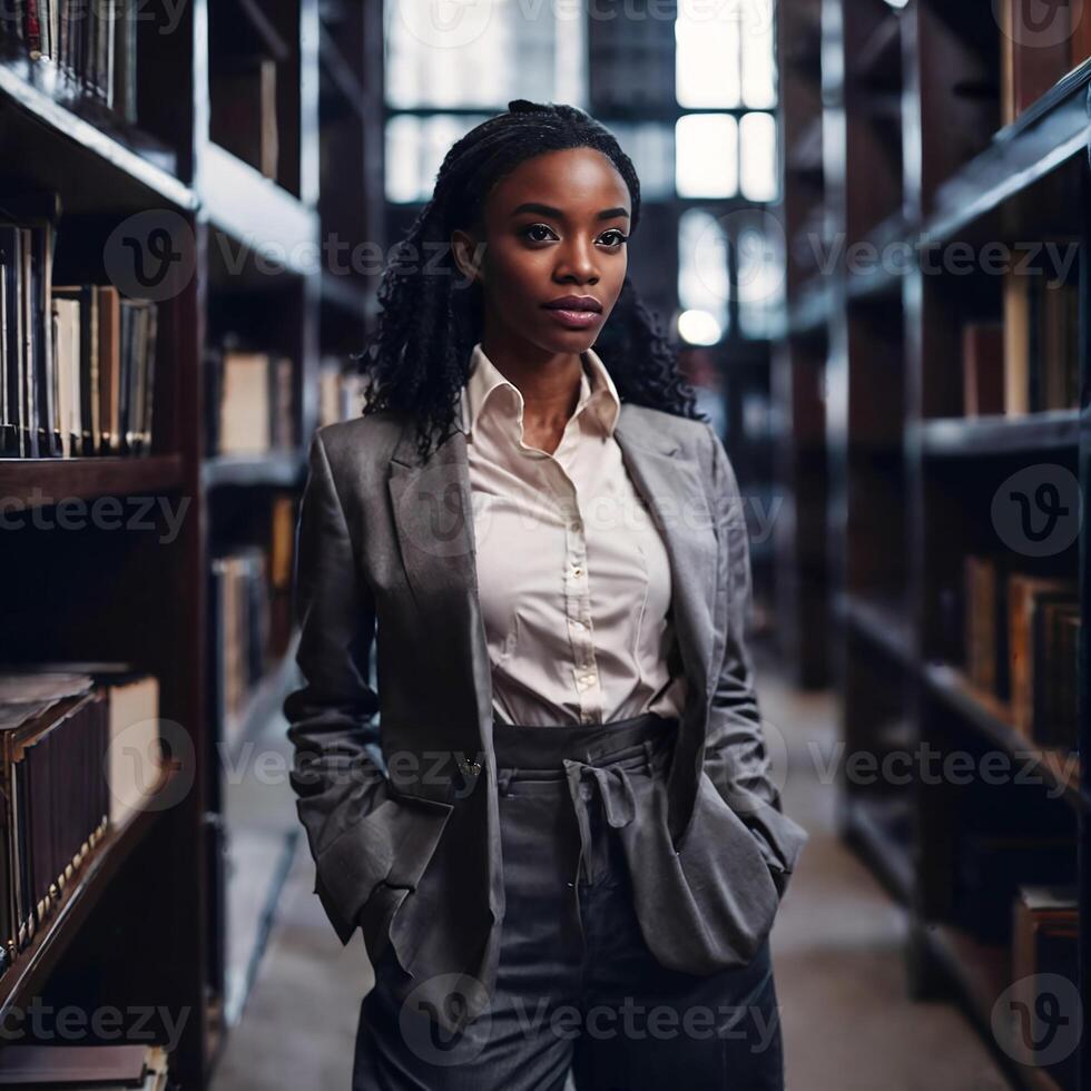 schön afrikanisch amerikanisch schwarz Frau mit Bibliothek im Hintergrund, generativ ai foto