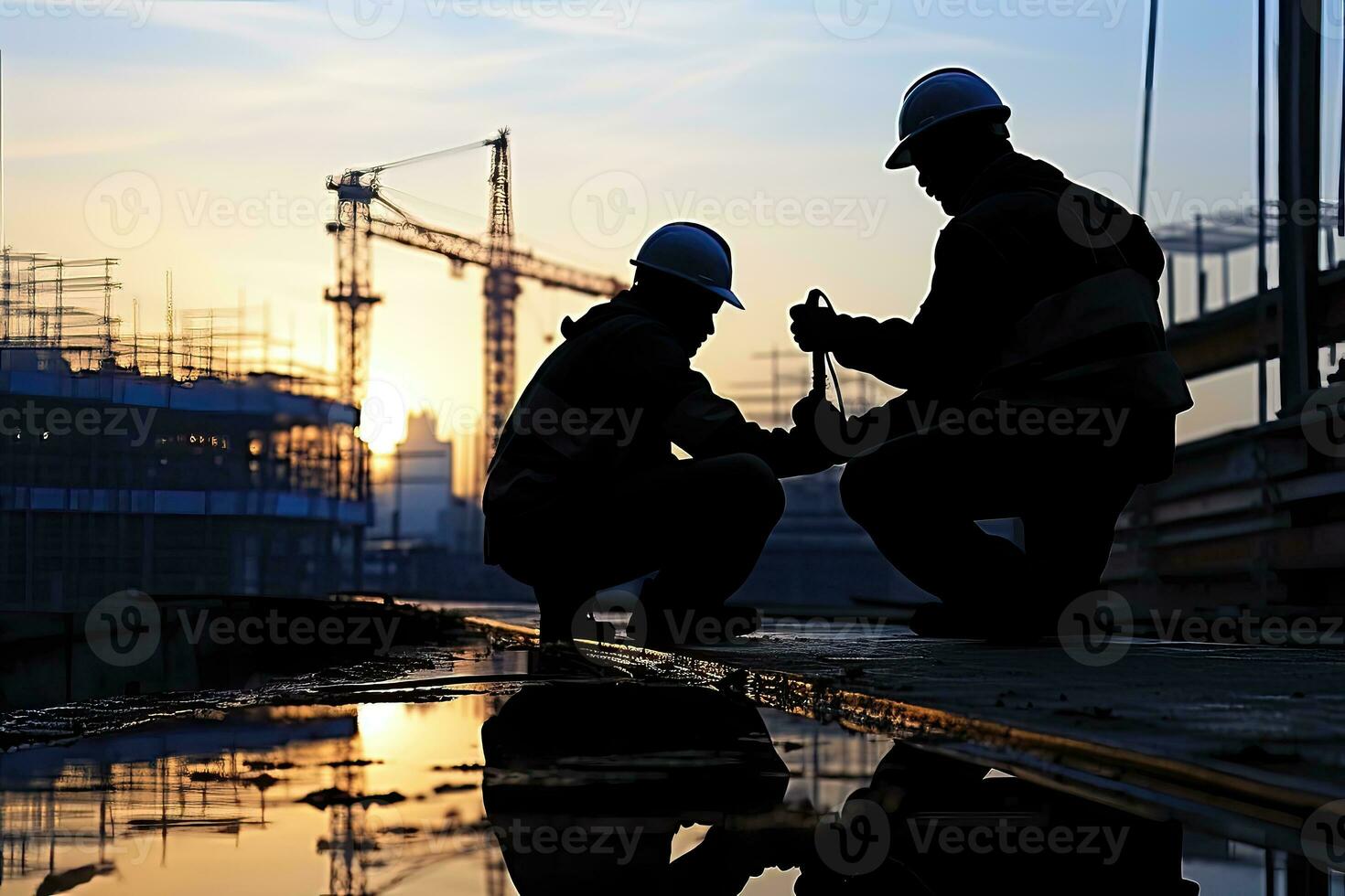 Silhouette von Arbeitskräfte Arbeiten auf Konstruktion Seite? ˅ foto