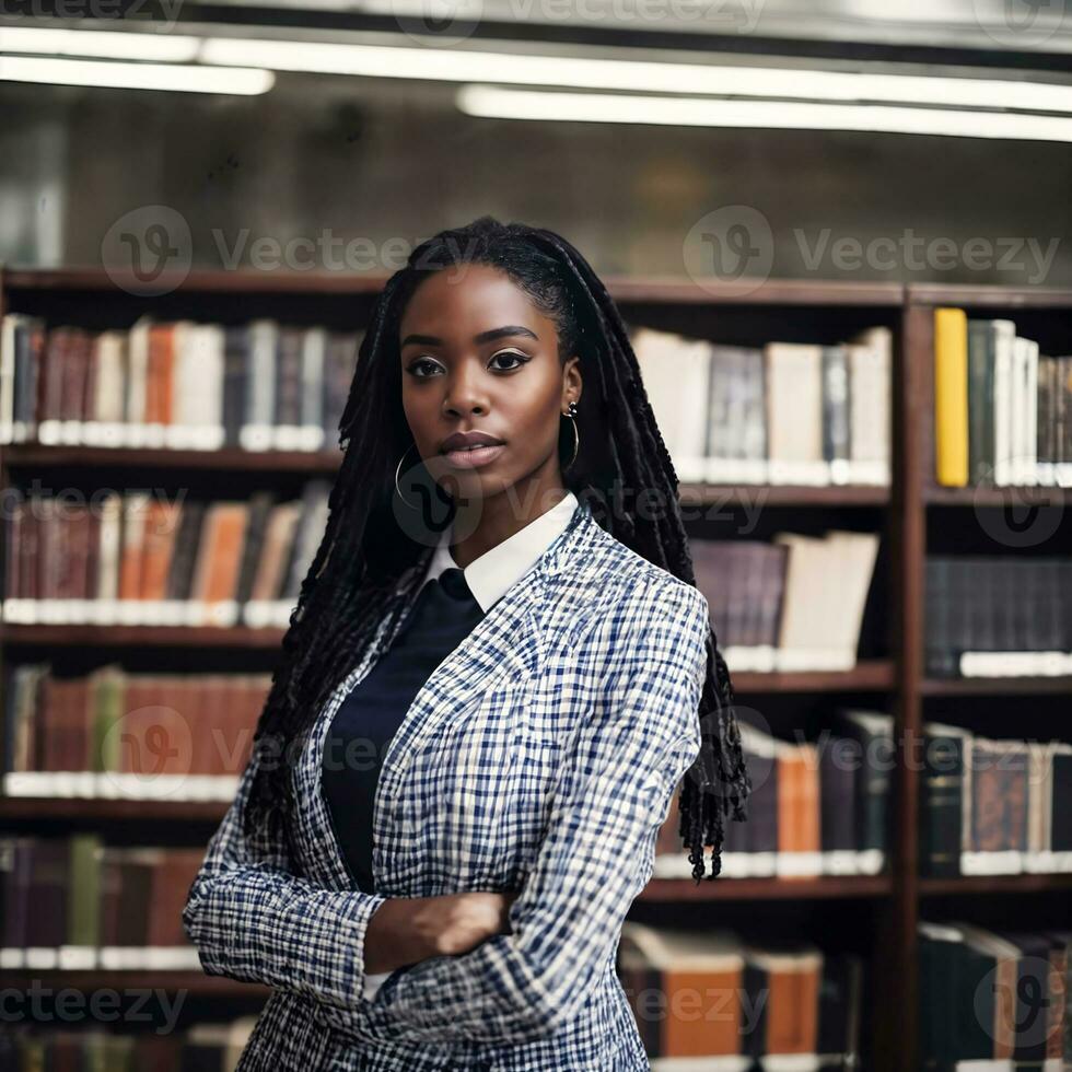 schön afrikanisch amerikanisch schwarz Frau mit Bibliothek im Hintergrund, generativ ai foto