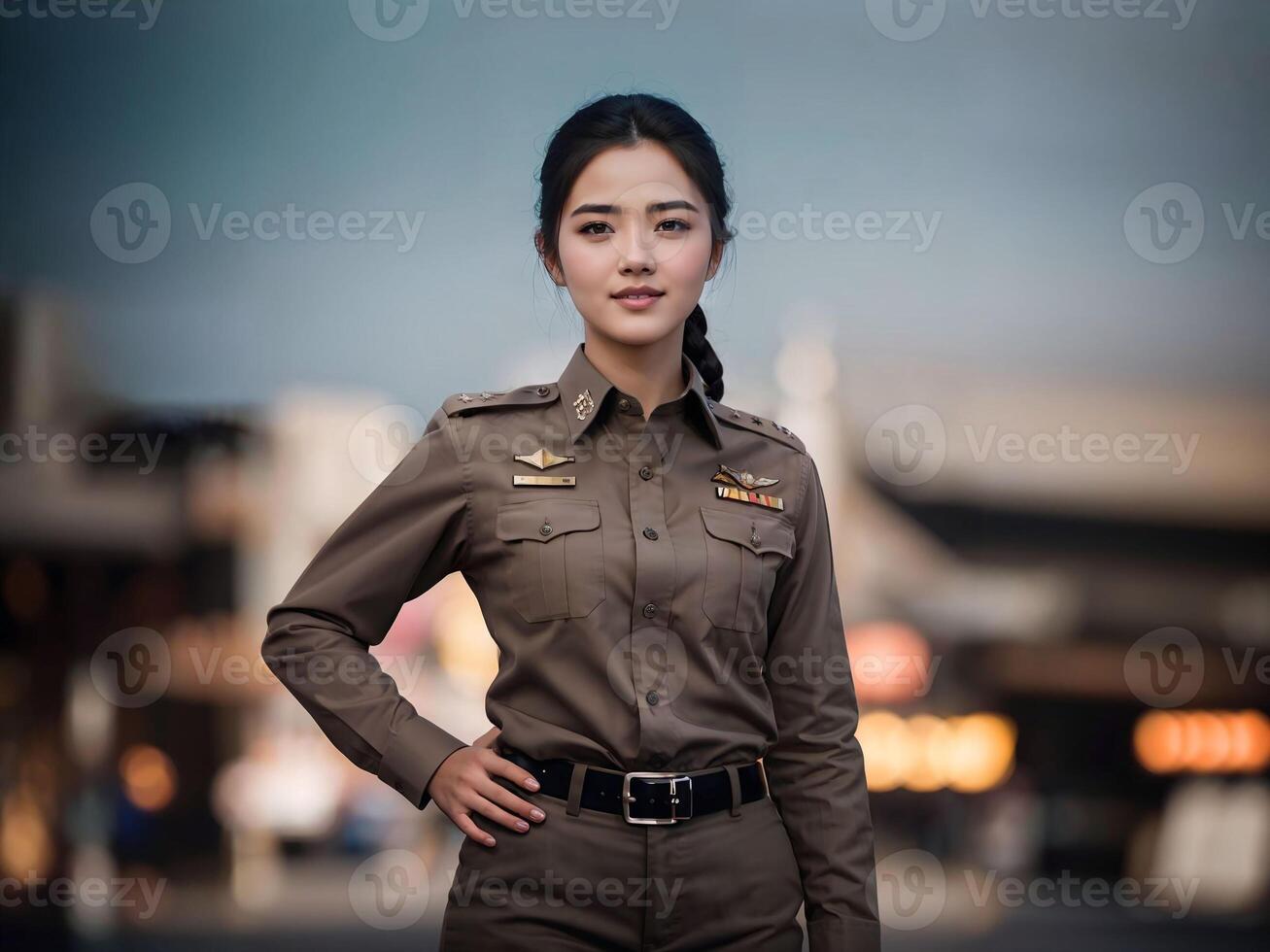 Foto von asiatisch Frau im thailändisch Polizei Offizier Uniform, generativ ai