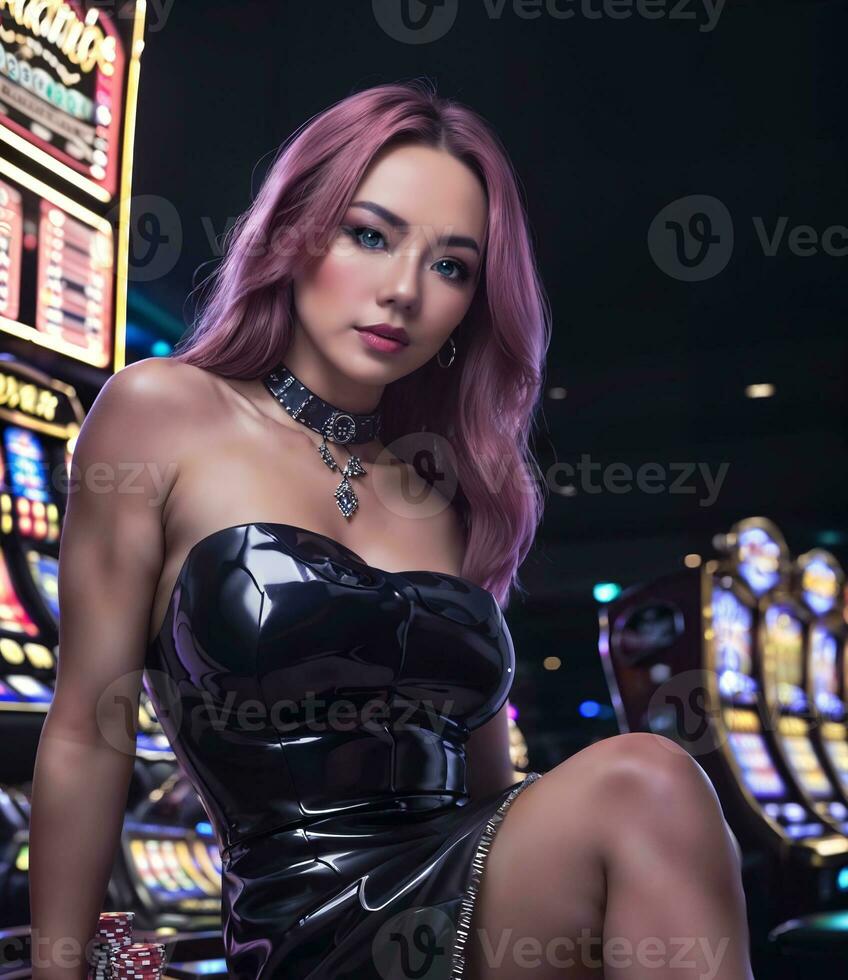ziemlich jung asiatisch Frau beim Glücksspiel Kasino Salon, generativ ai foto