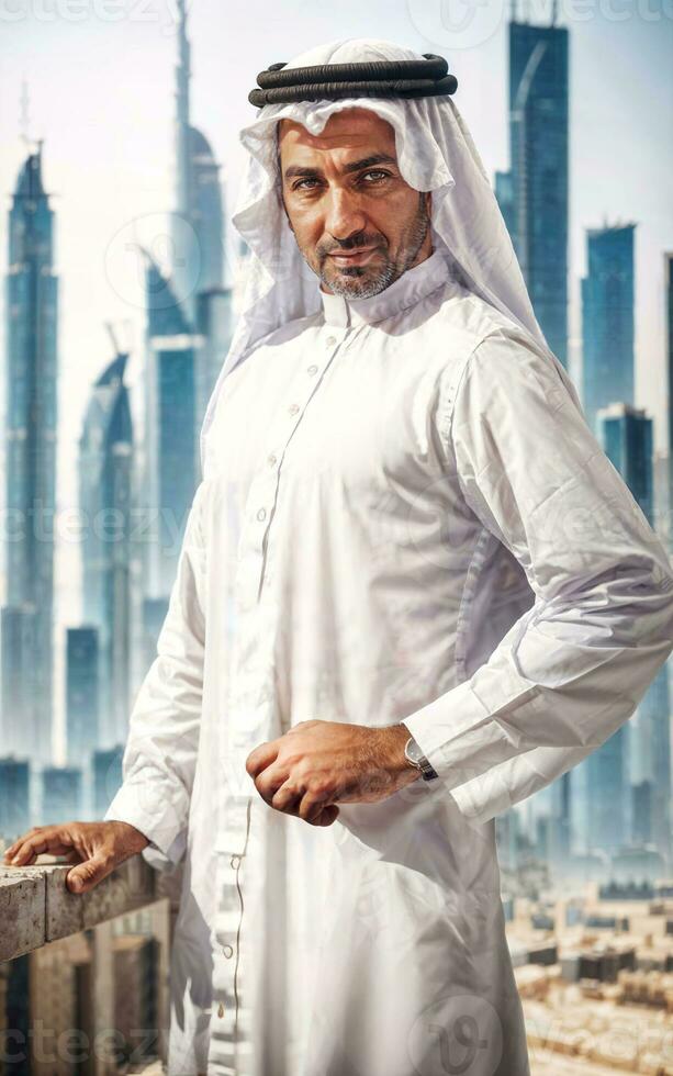 Reich arabisch Geschäftsmann im traditionell Weiß Outfit im groß Stadt im Hintergrund, generativ ai foto