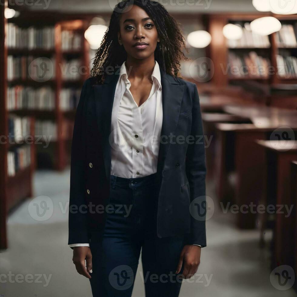 schön afrikanisch amerikanisch schwarz Frau mit Bibliothek im Hintergrund, generativ ai foto