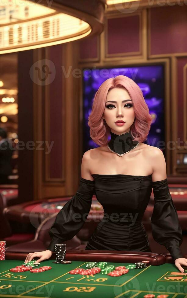 schön Frau beim Luxus Kasino Glücksspiel, generativ ai foto