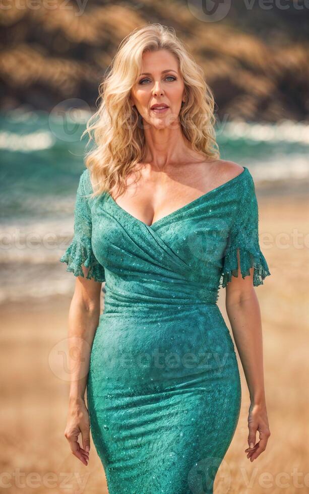 Foto von Weiß Mitte alt alt Dame amerikanisch Frau im Kleid beim das Sand Strand, generativ ai