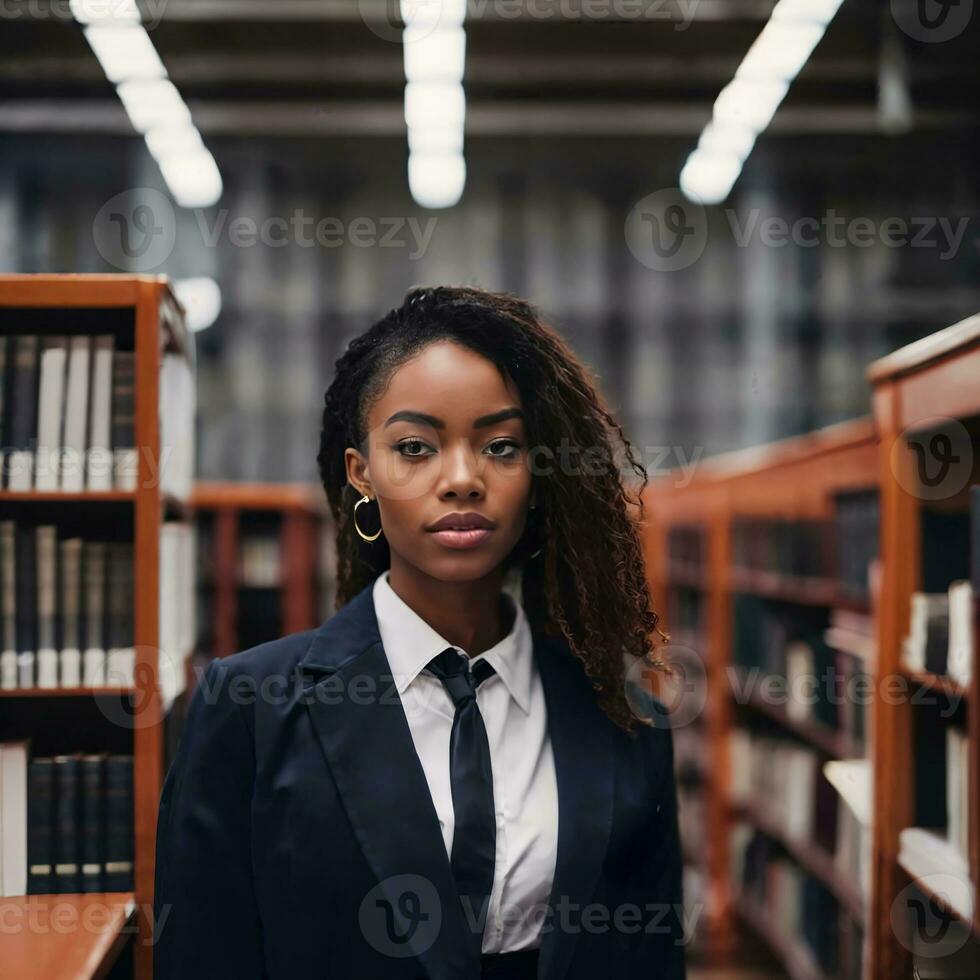 schön afrikanisch amerikanisch schwarz Frau mit Bibliothek im Hintergrund, generativ ai foto