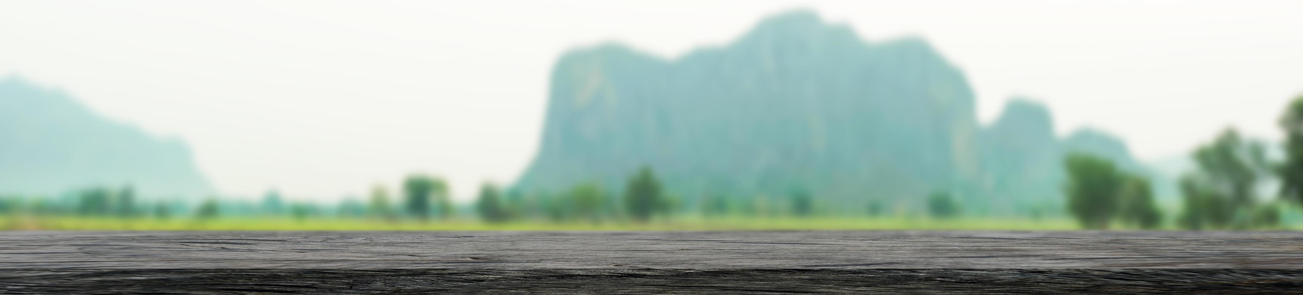 Panorama-Holzbrett mit Naturlandschaft verschwommener Hintergrund leere Vorderansicht für Produkt zeigen den grünen Naturstil foto