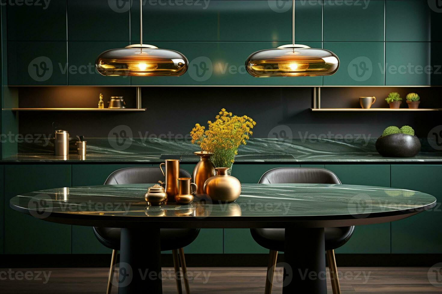 zeitgenössisch Küche mit ein zentral Grün Tabelle im ein modern Innere ai generiert foto