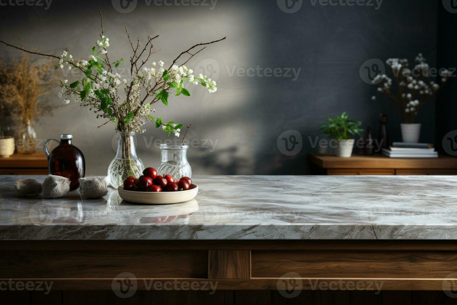 stilvoll Küche mit ein elegant Marmor Arbeitsplatte und viel von Kopieren Raum ai generiert foto