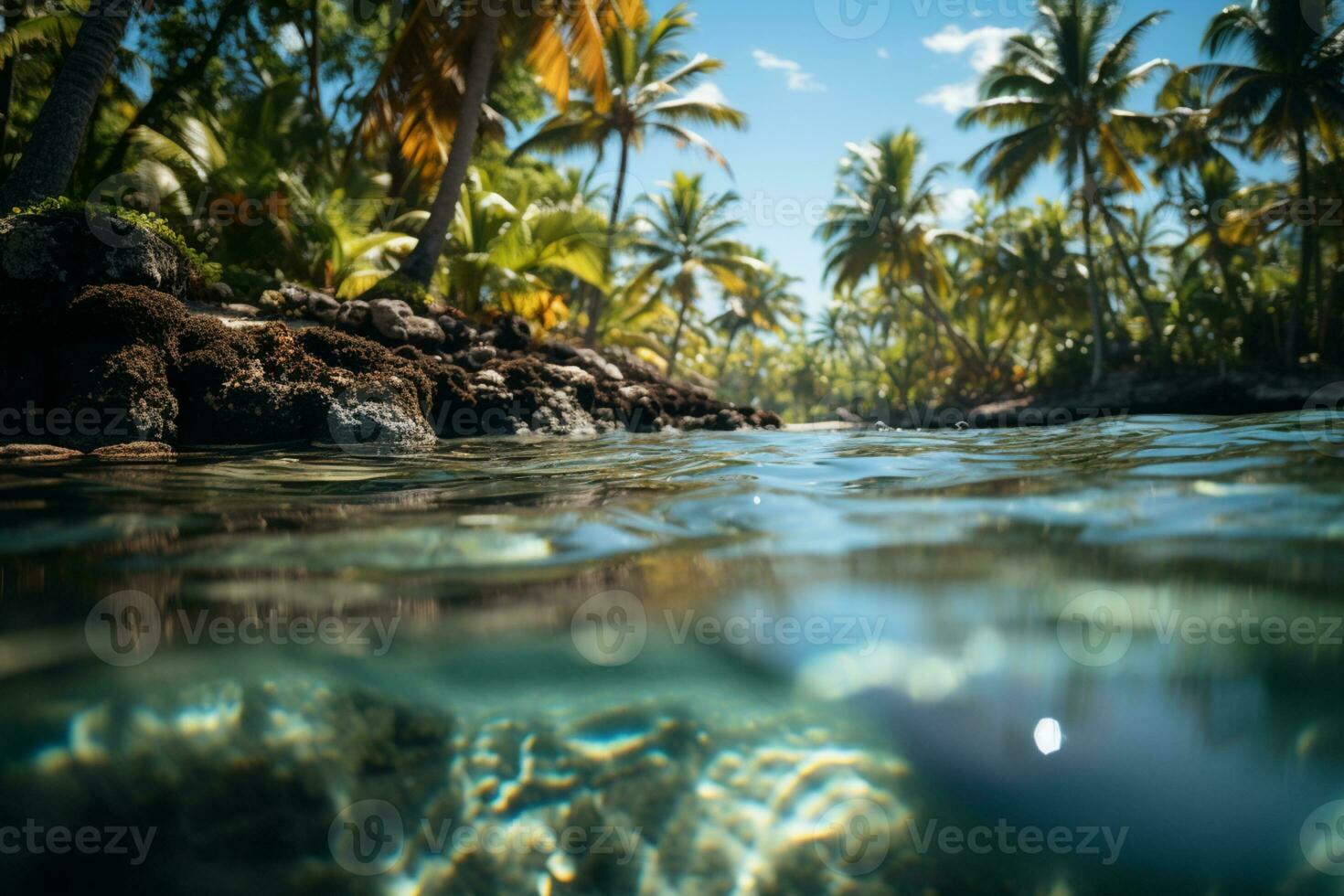 Paradies gefunden, tropisch Strand, verschwommen Palmen, sonnendurchflutet Bokeh schimmernd auf Wasser ai generiert foto