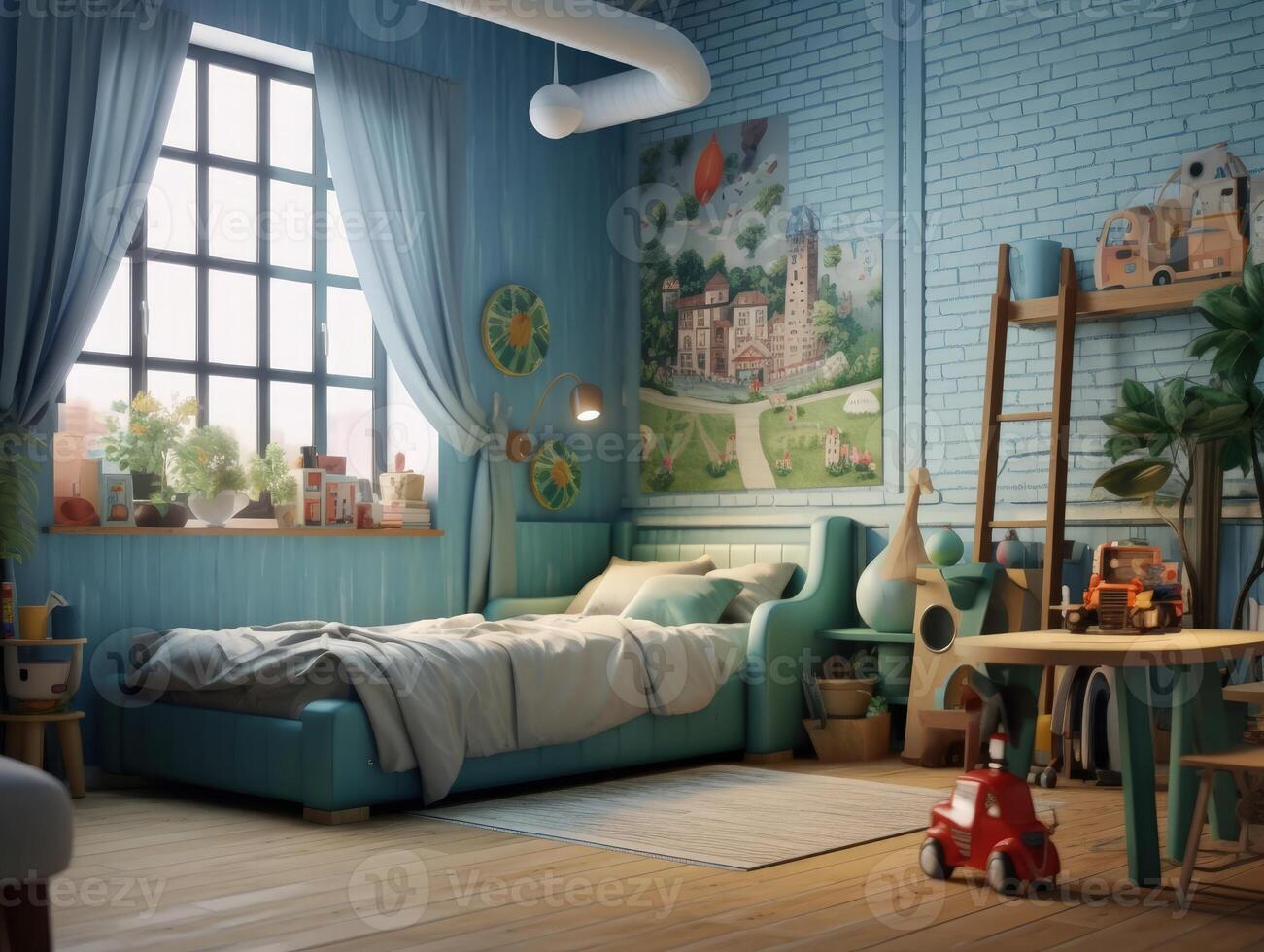 gemütlich Blau Kind Schlafzimmer mit Spielzeug und Spaß Dekoration. generativ ai foto