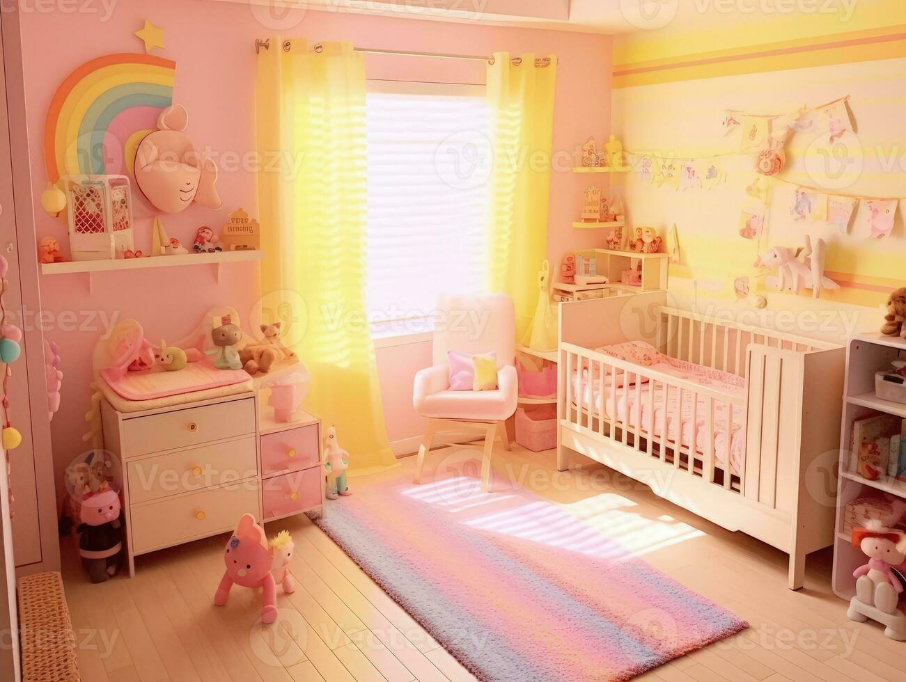 modern Rosa bunt Kleinkind Schlafzimmer mit Dekoration. generativ ai foto