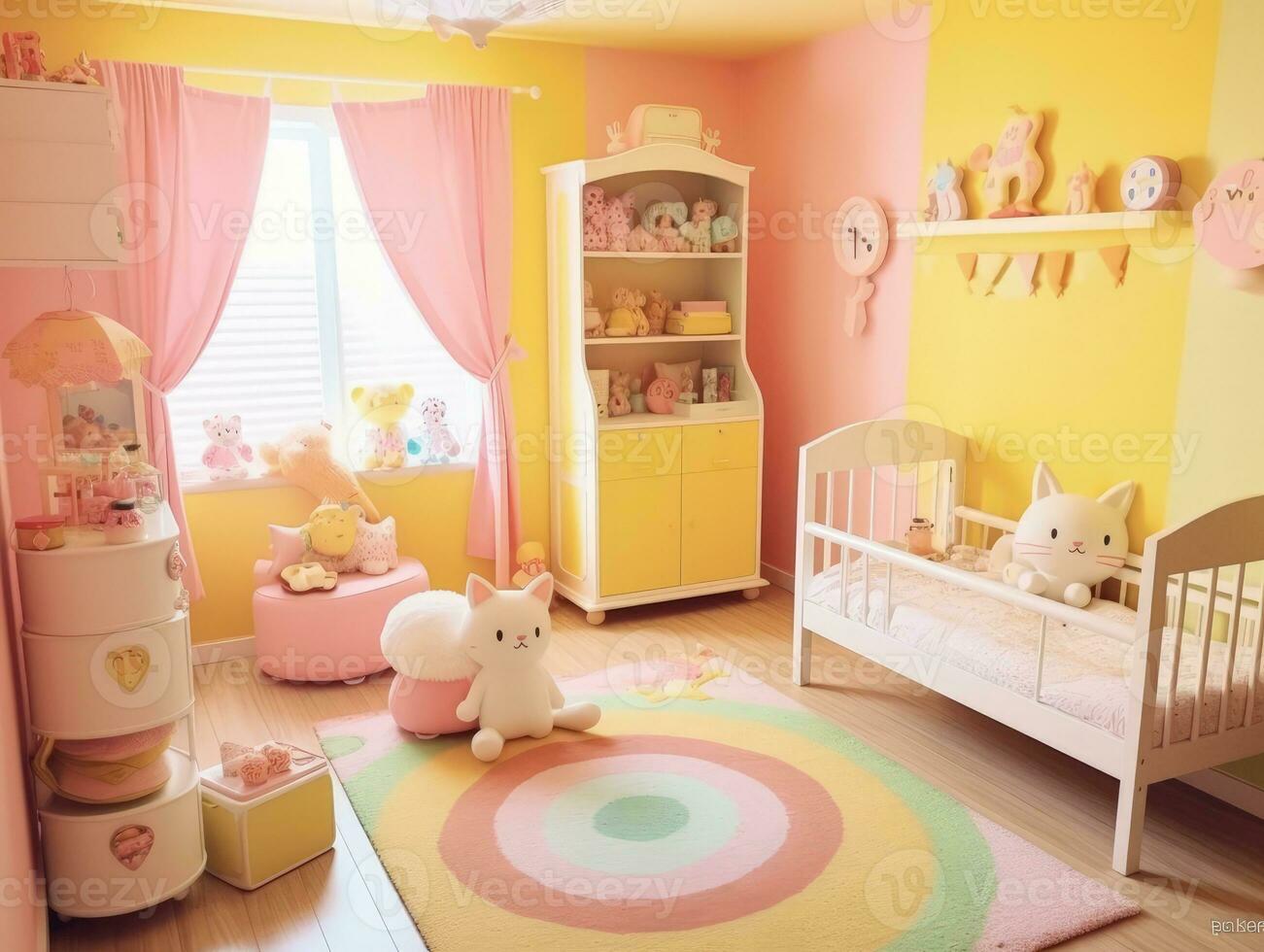 modern Rosa bunt Kleinkind Schlafzimmer mit Dekoration. generativ ai foto