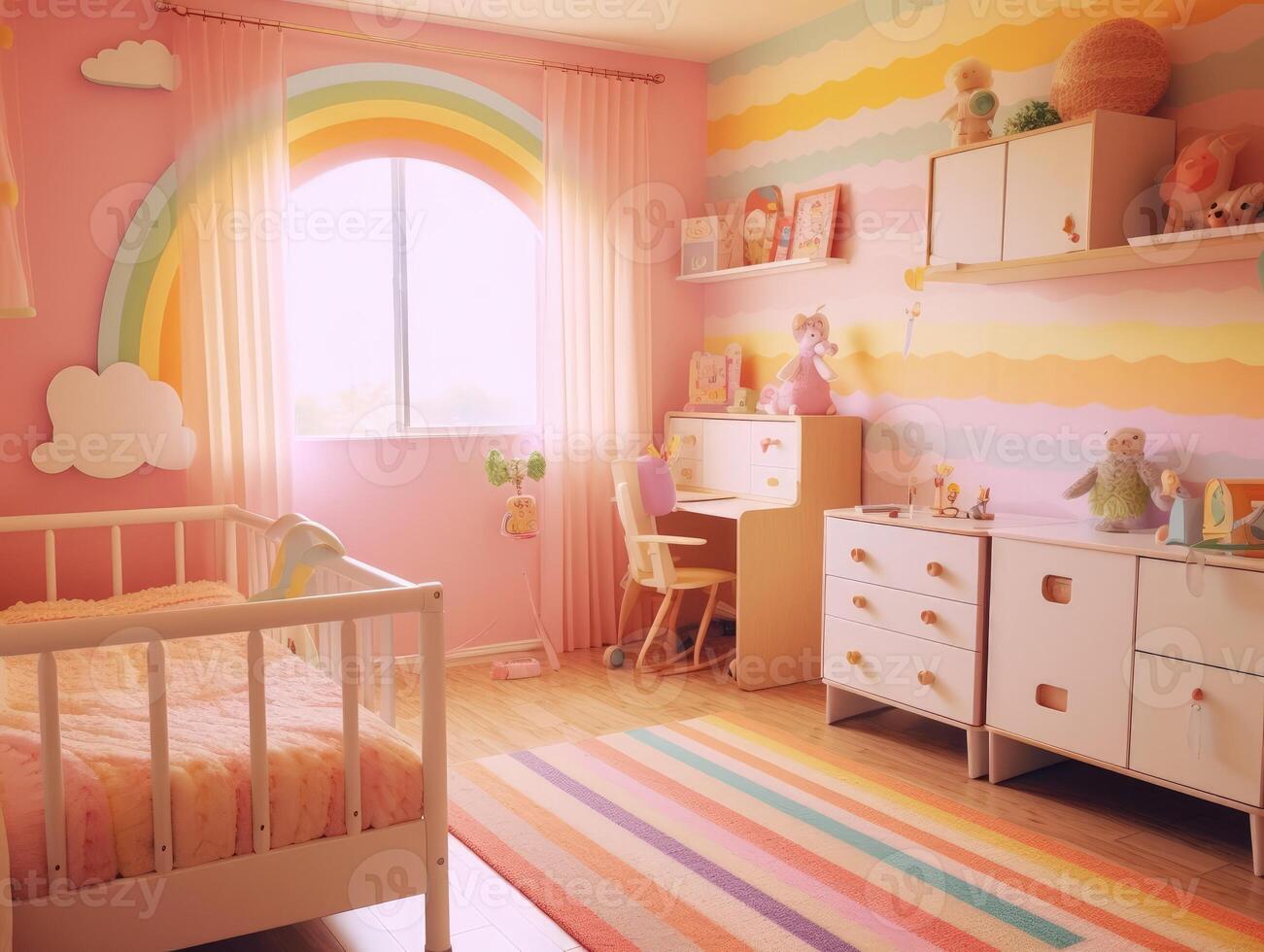 modern Rosa bunt Kleinkind Schlafzimmer mit Dekoration. generativ ai foto