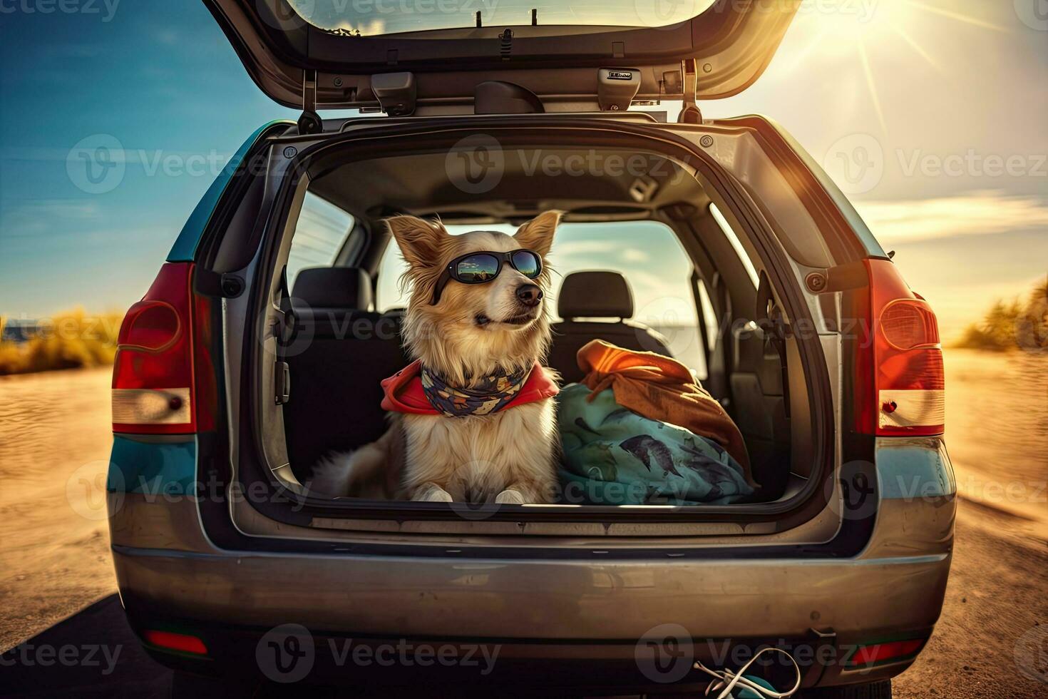 süß Hund beim zurück von Auto bereit zum Reise. generativ ai foto