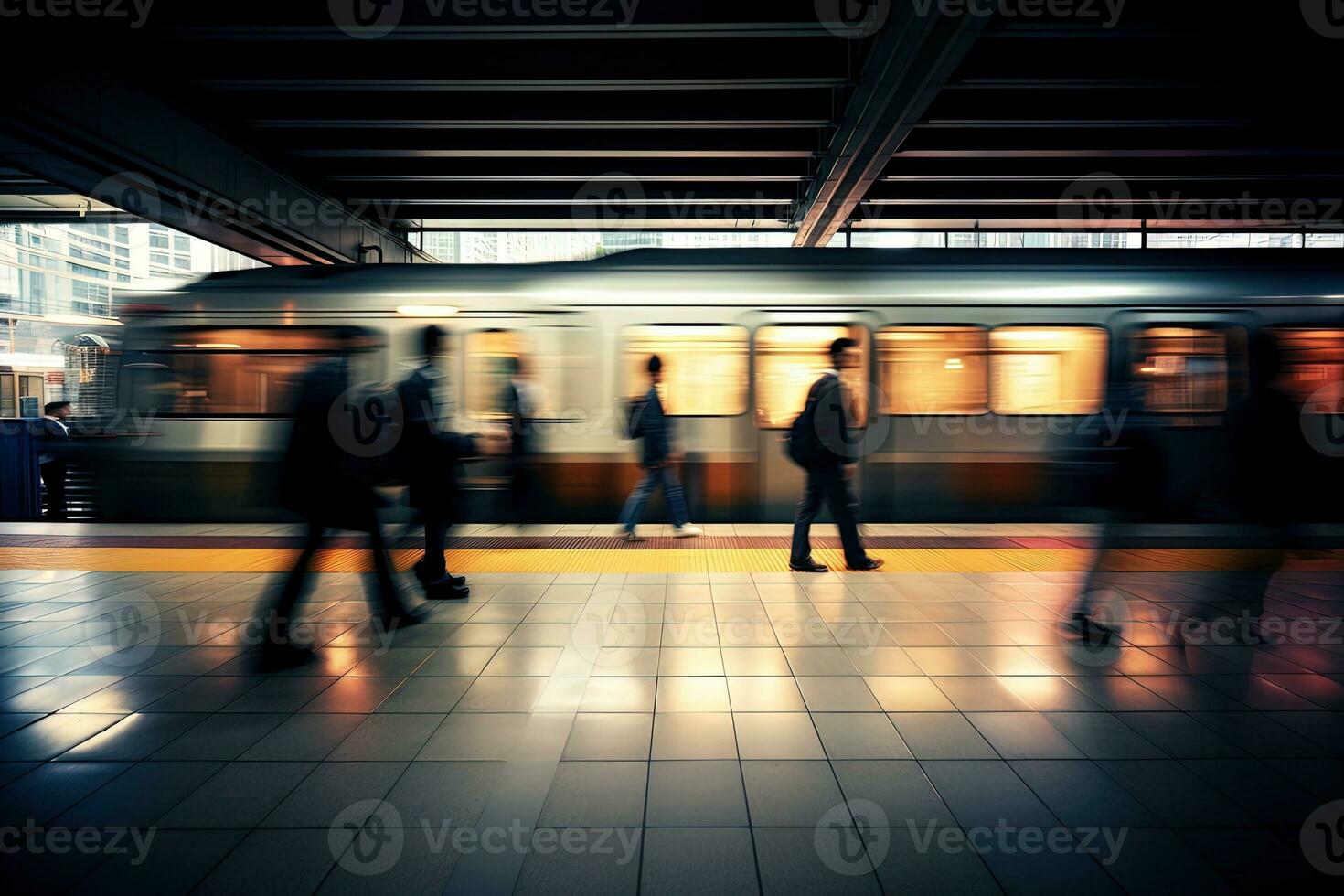 ein Zug Bahnhof U-Bahn mit verschwommen Bewegung und Gehen Menschen, generativ ai foto