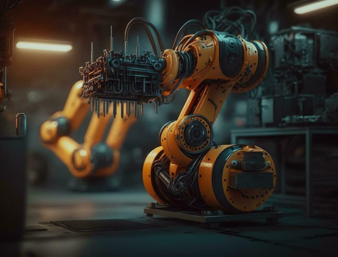 Clever Industrie Roboter Waffen zum Digital Fabrik Produktion Technologie zeigen Automatisierung Herstellung Verfahren. generativ ai foto