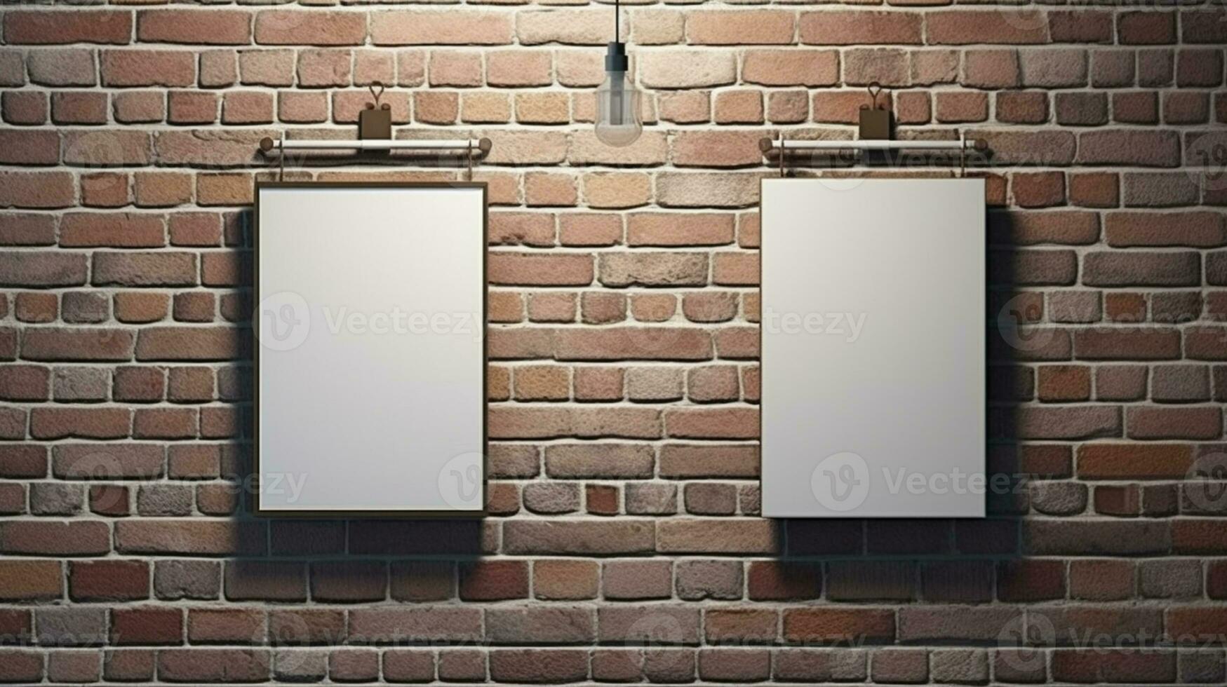 zwei leer 3d Plakate mit hängend Clips auf ein texturiert Backstein Mauer ai generiert foto