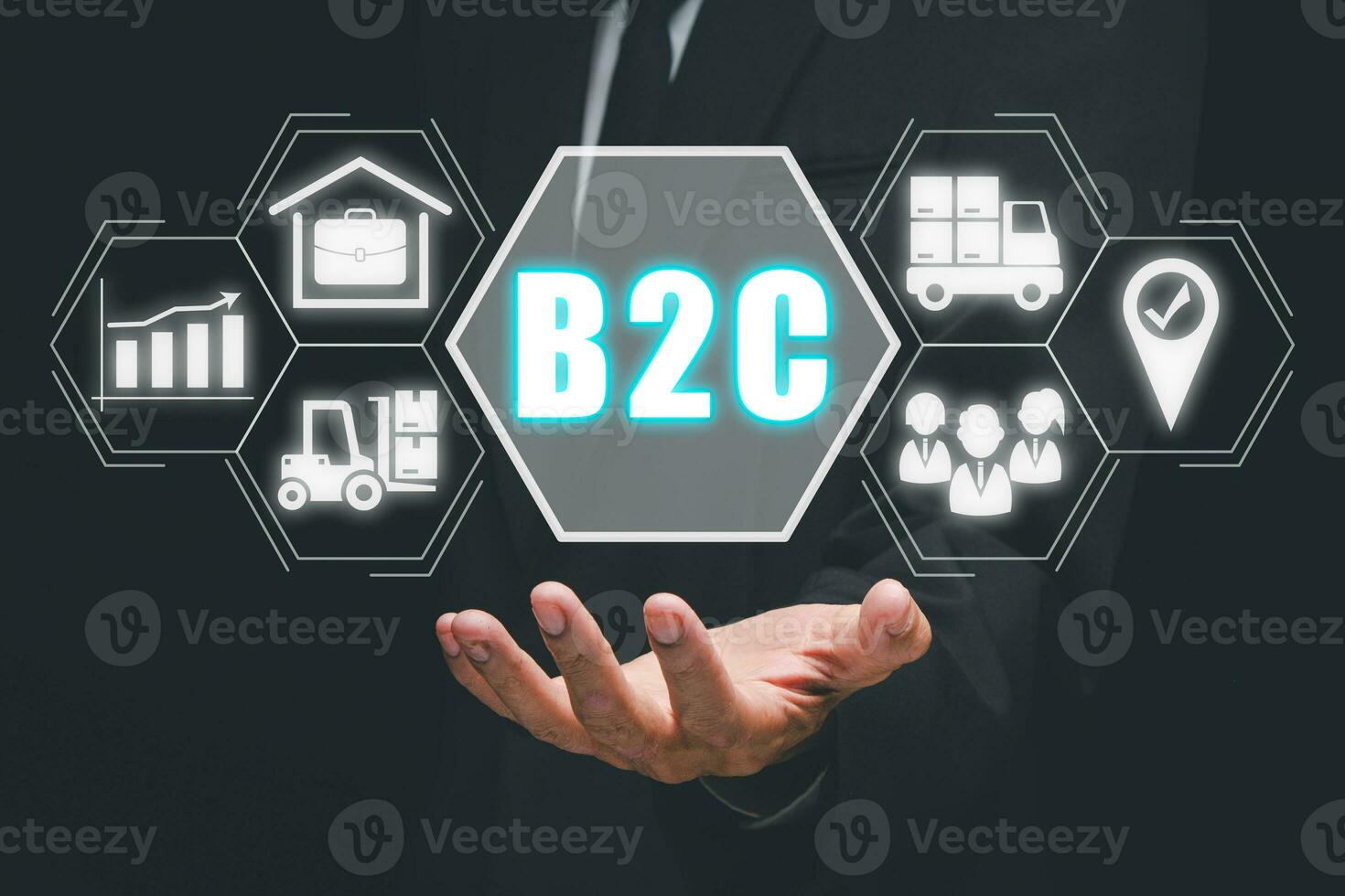 b2c, Geschäft zu Kunde Konzept, Geschäftspartner Person Hand halten Geschäft zu Kunde Symbol auf virtuell Bildschirm. foto