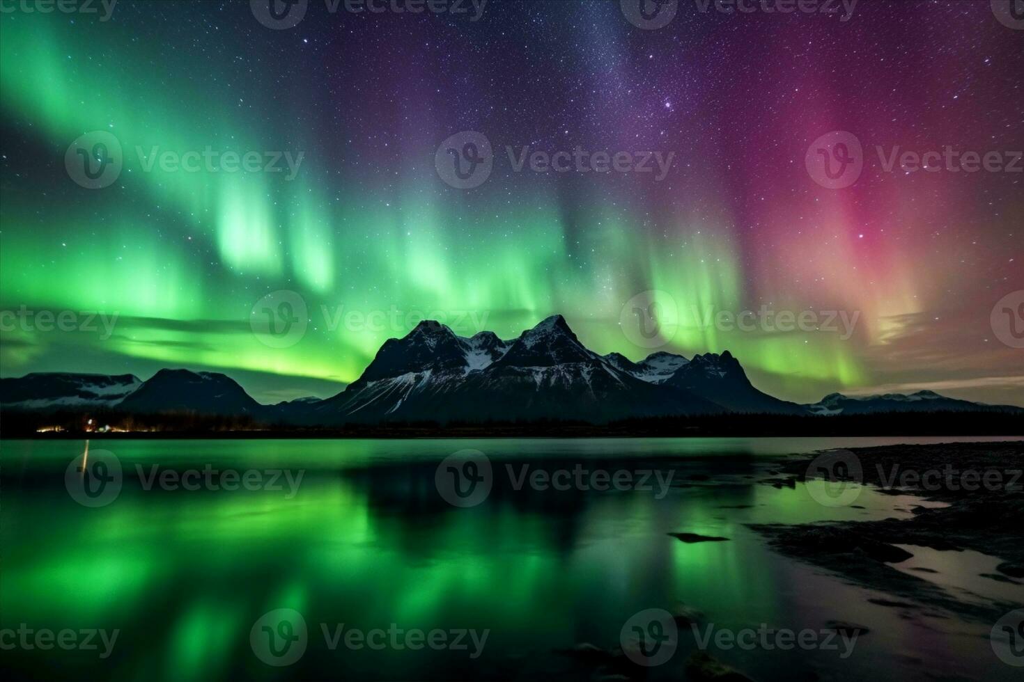 Aurora Landschaft mit Nord Beleuchtung, generativ ai foto
