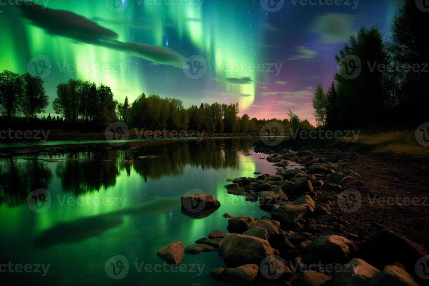 Aurora Landschaft mit Nord Beleuchtung, generativ ai foto