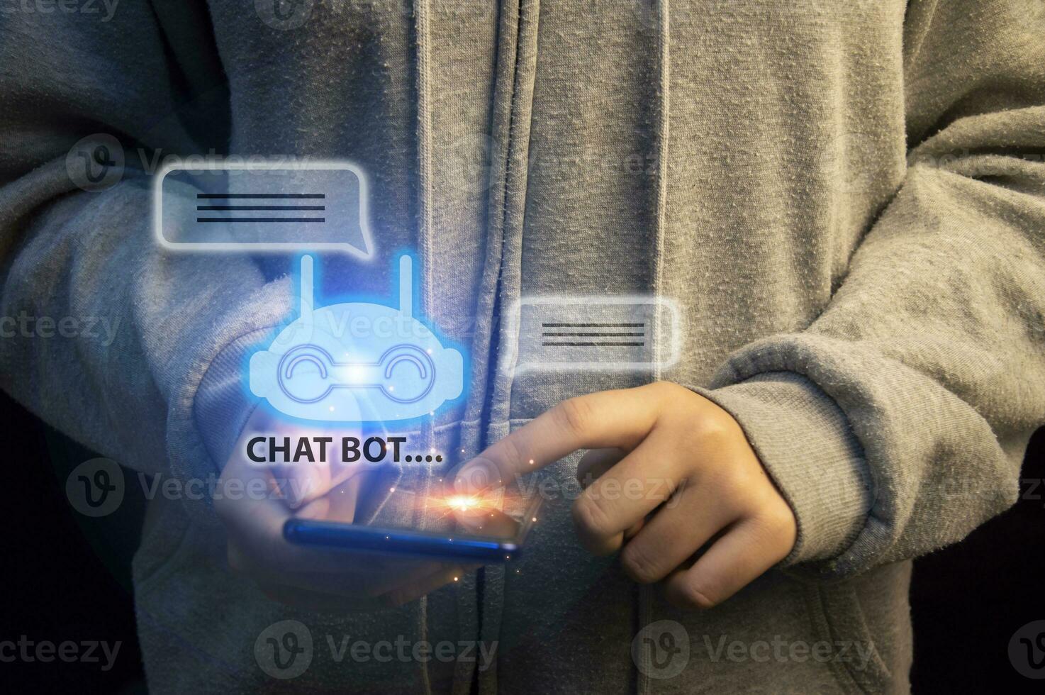 konzeptionell, Plaudern ist ein ai Chatbot oder künstlich Intelligenz Das können natürlich kommunizieren durch Mitteilungen mit Menschen. foto