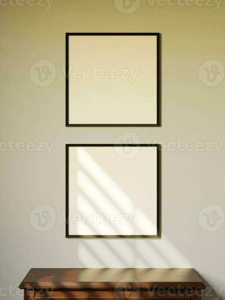 minimal von zwei leeren Platz Rahmen Attrappe, Lehrmodell, Simulation Poster vertikal über das hölzern Tabelle Licht durch Sonnenlicht foto